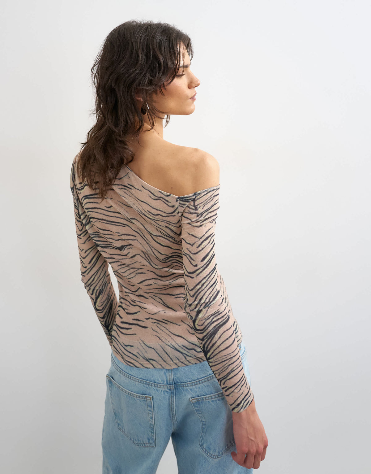 Topshop mesh fallen shoulder long sleeve top in animal print