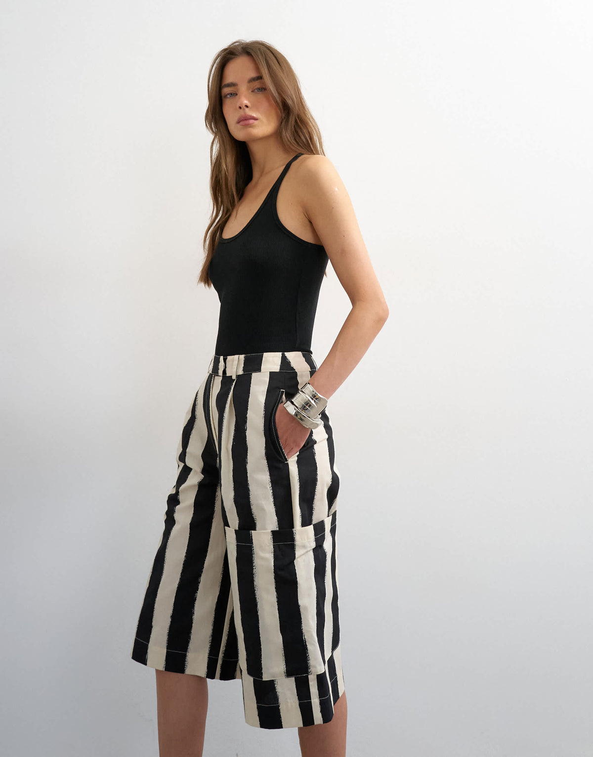 Topshop longline bermuda cargo short in mono stripe