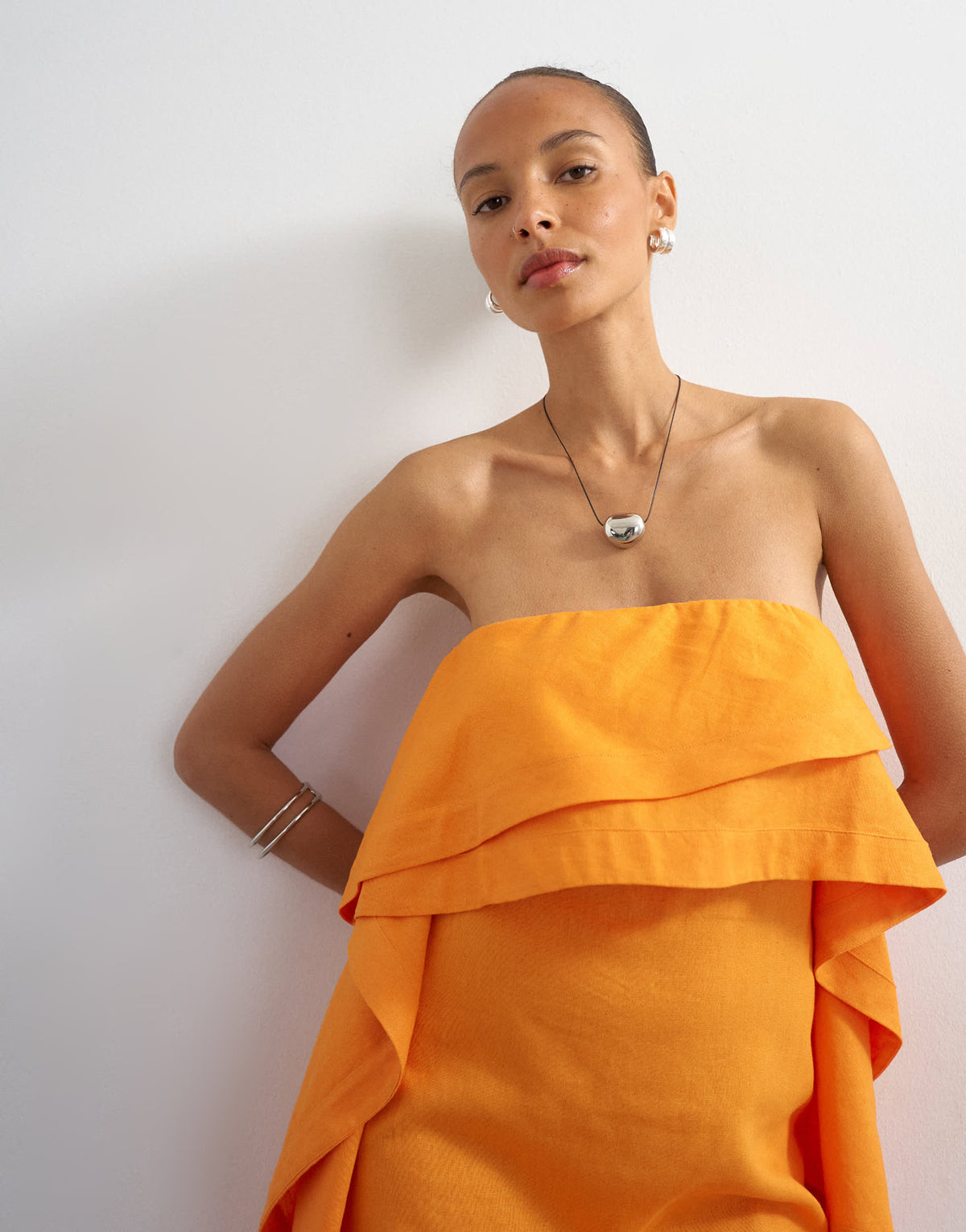 Topshop linen rich bandeau mini dress with drape detail in orange