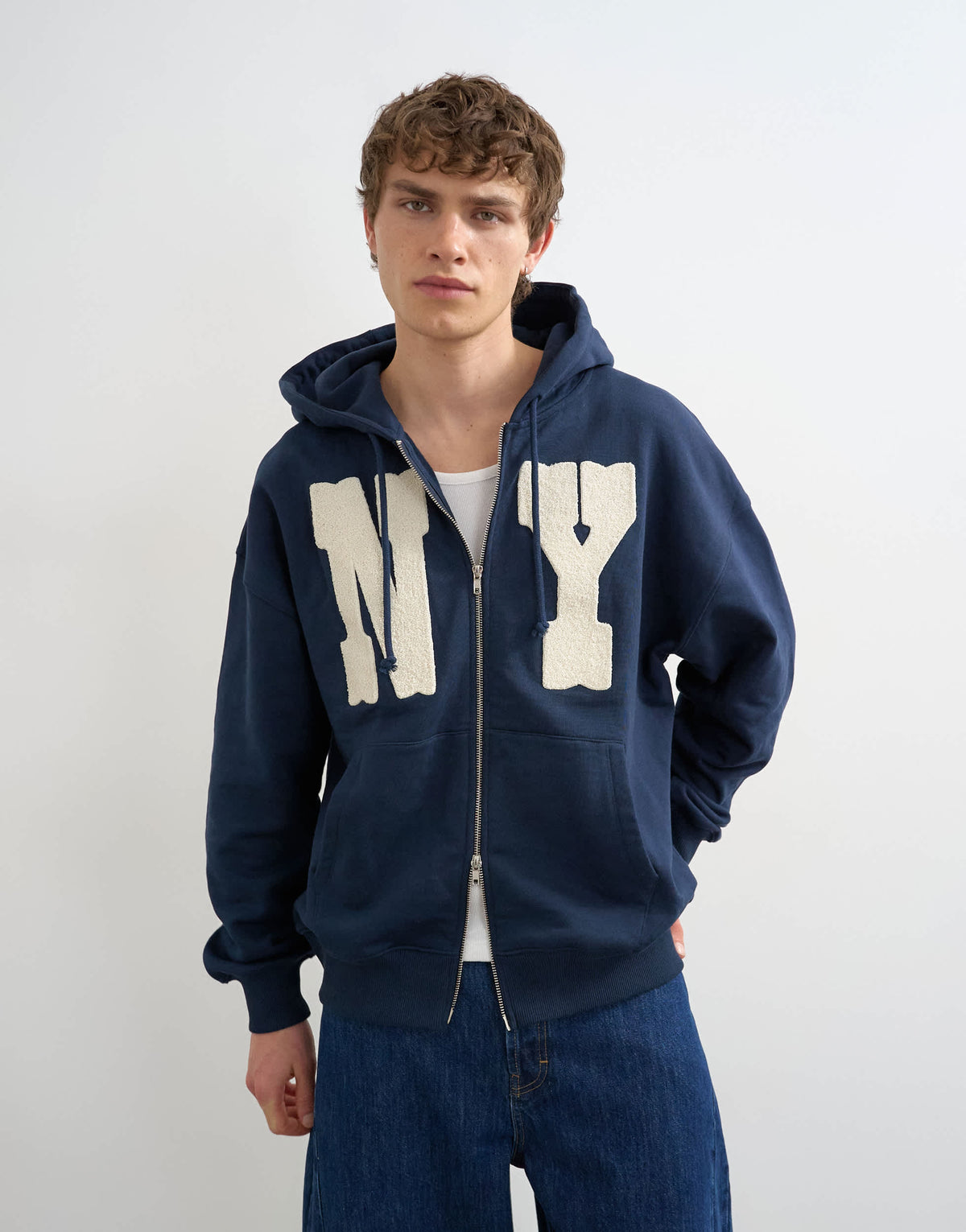 Topman boxy fit hoodie with front NY chenille patch in navy