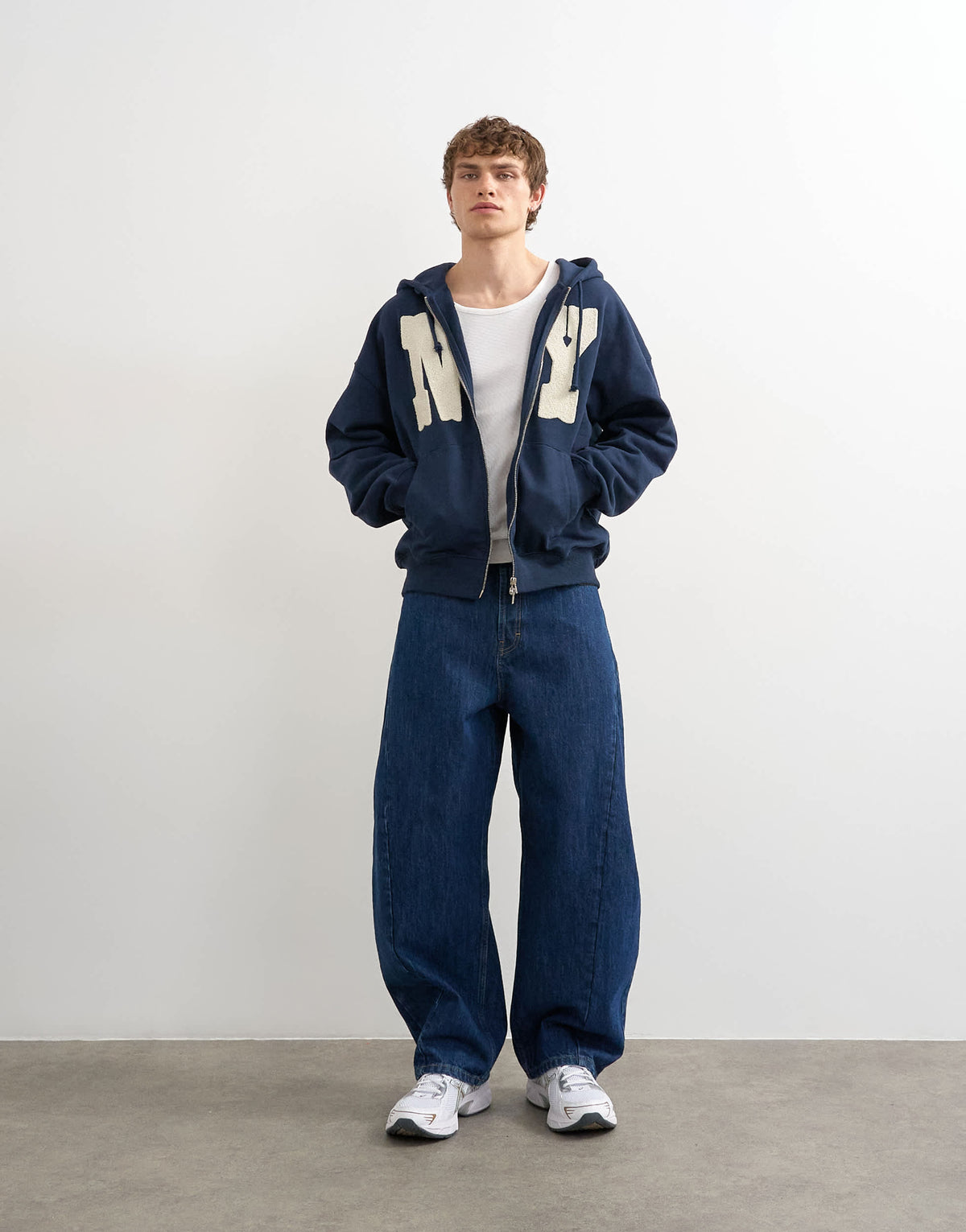 Topman boxy fit hoodie with front NY chenille patch in navy