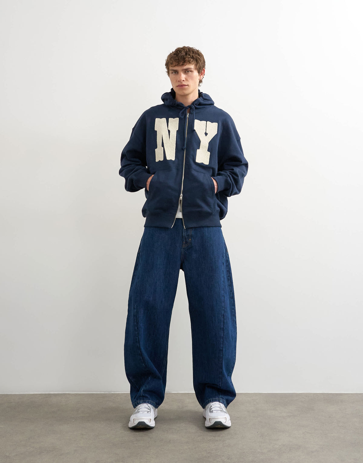 Topman boxy fit hoodie with front NY chenille patch in navy
