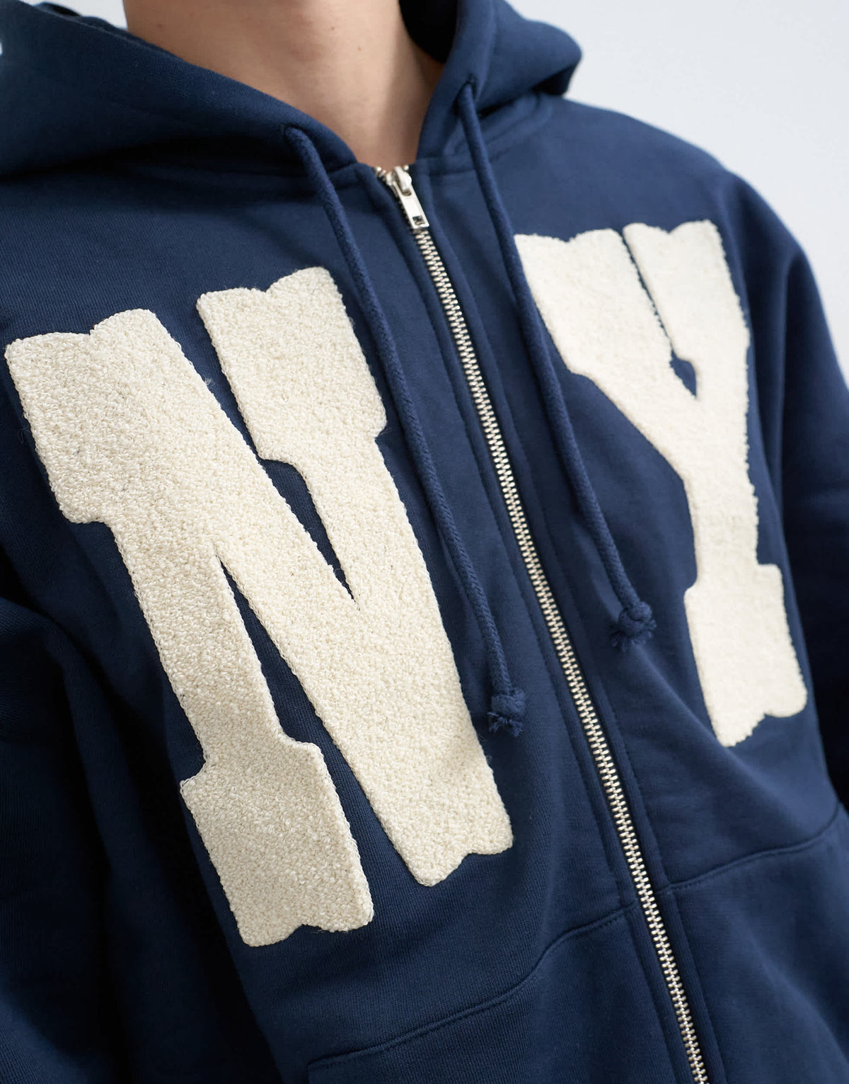 Topman boxy fit hoodie with front NY chenille patch in navy