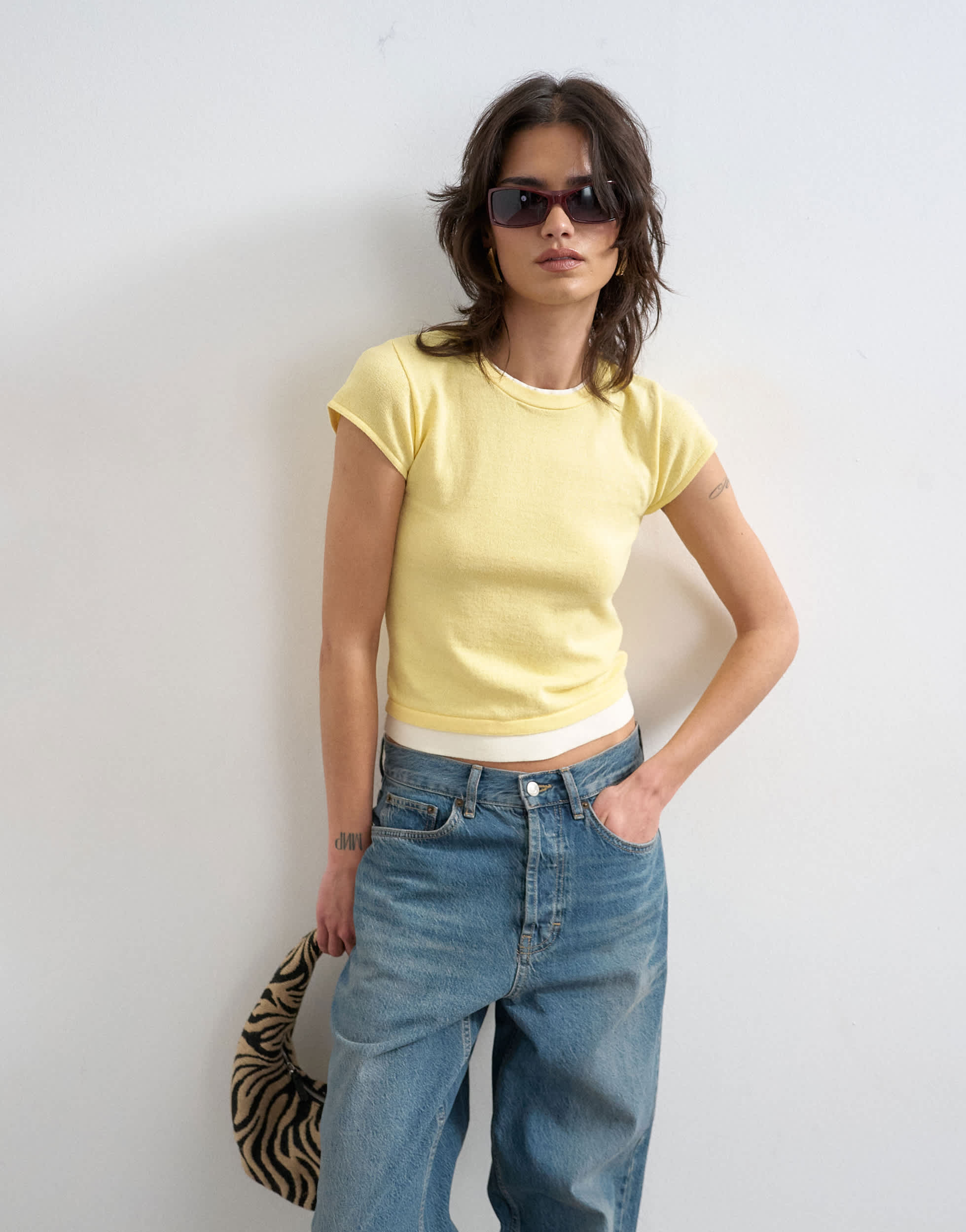 Topshop knitted double layer t-shirt in yellow