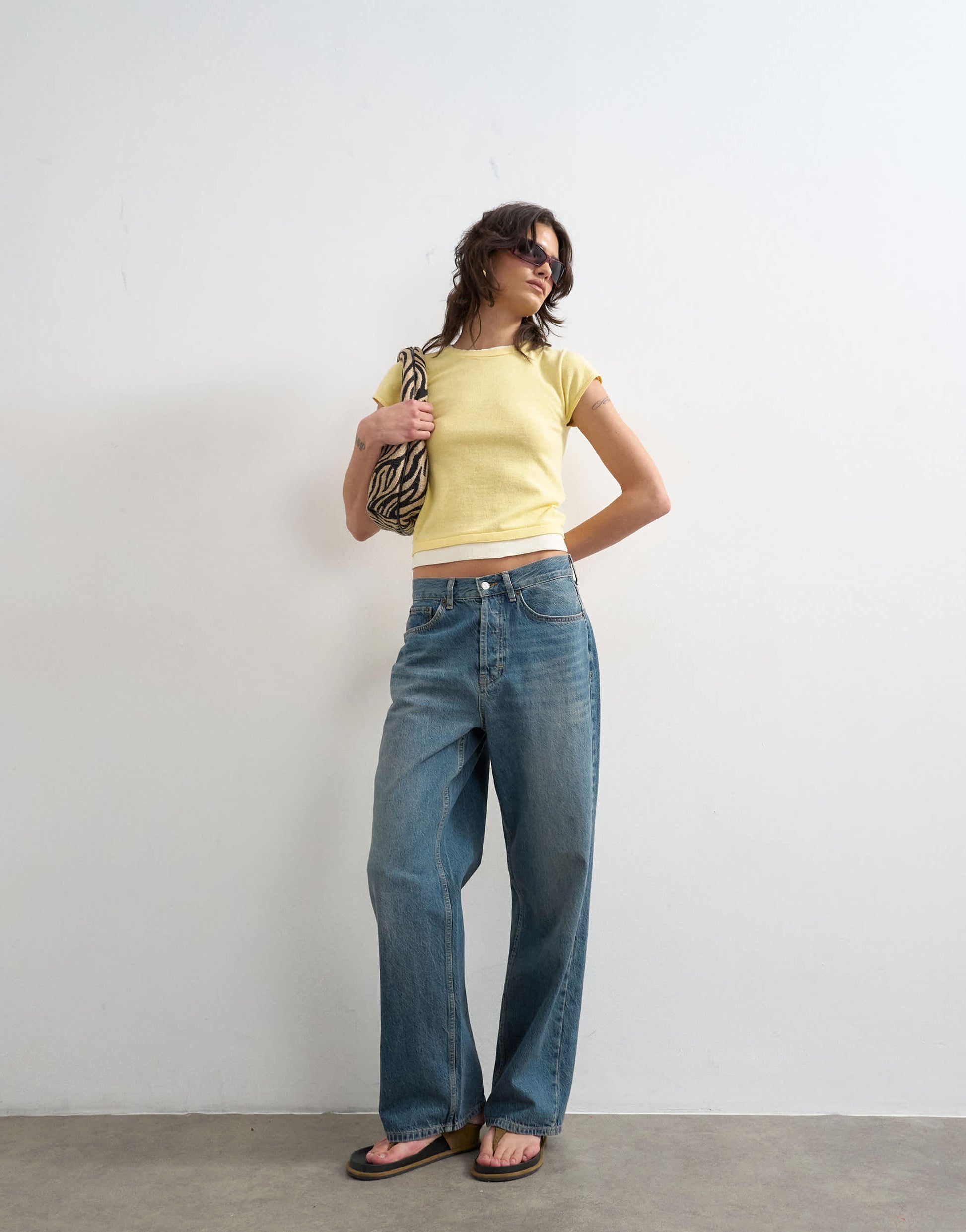 Topshop knitted double layer t-shirt in yellow