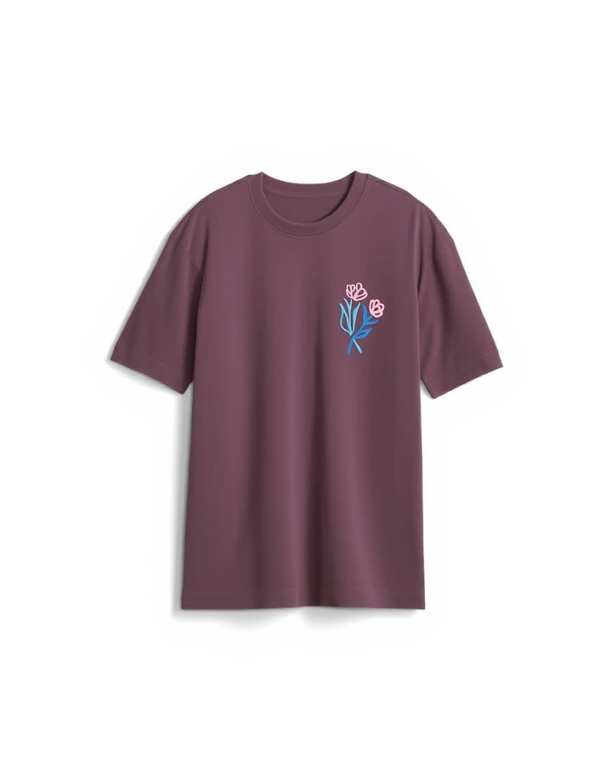 Topman relaxed fit t-shirt with front and black floral embroidery in purple