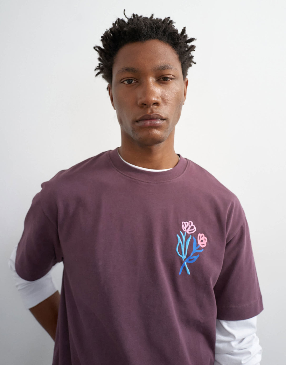 Topman relaxed fit t-shirt with front and black floral embroidery in purple