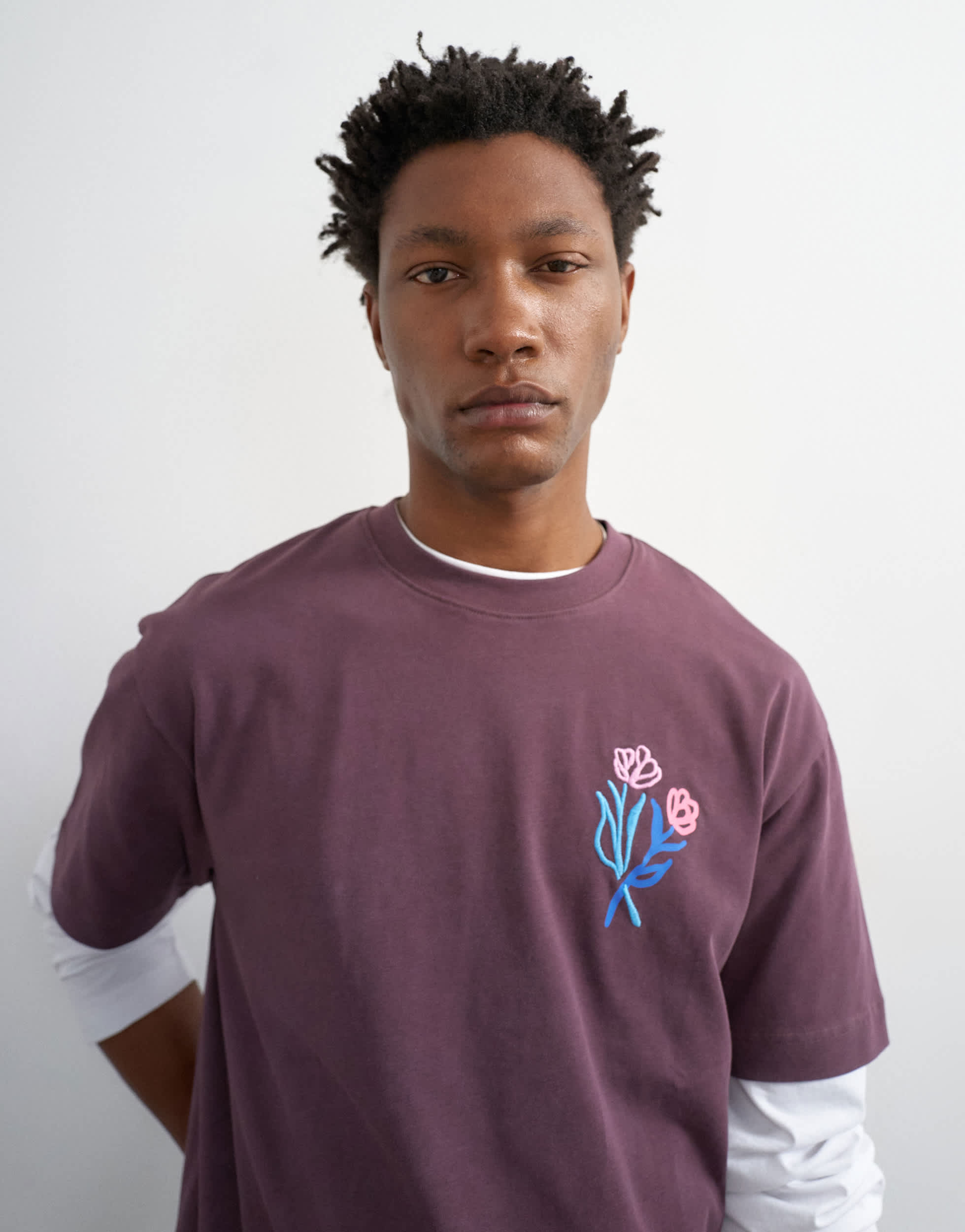 Topman relaxed fit t-shirt with front and black floral embroidery in purple