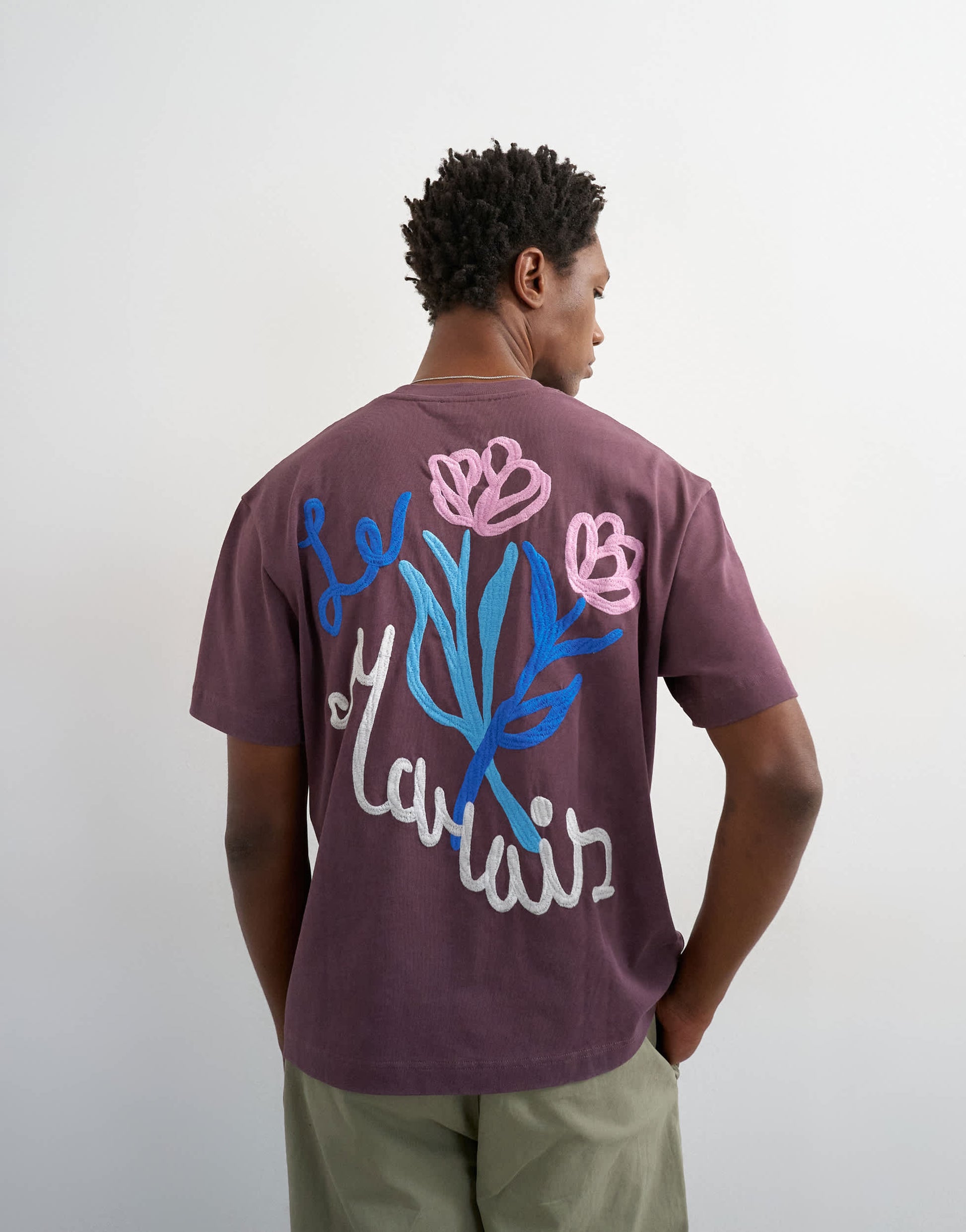 Topman relaxed fit t-shirt with front and black floral embroidery in purple