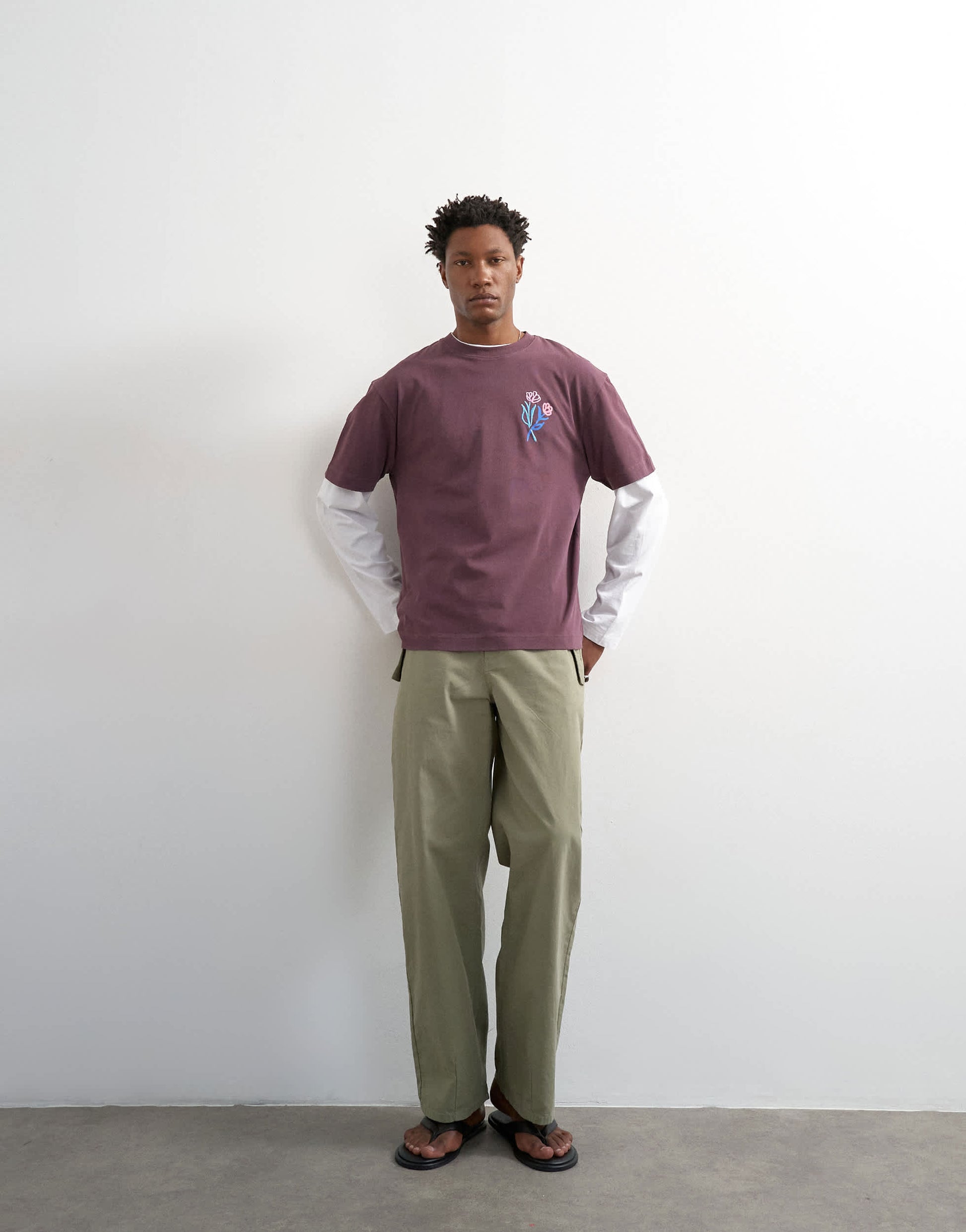 Topman relaxed fit t-shirt with front and black floral embroidery in purple
