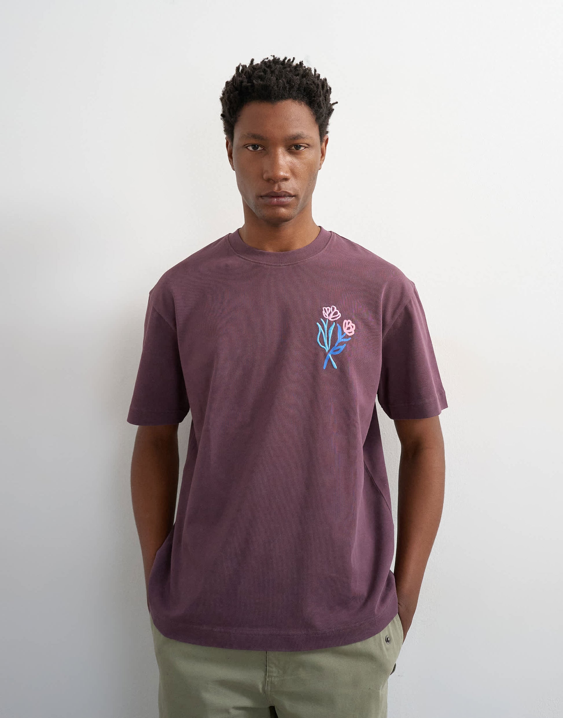 Topman relaxed fit t-shirt with front and black floral embroidery in purple