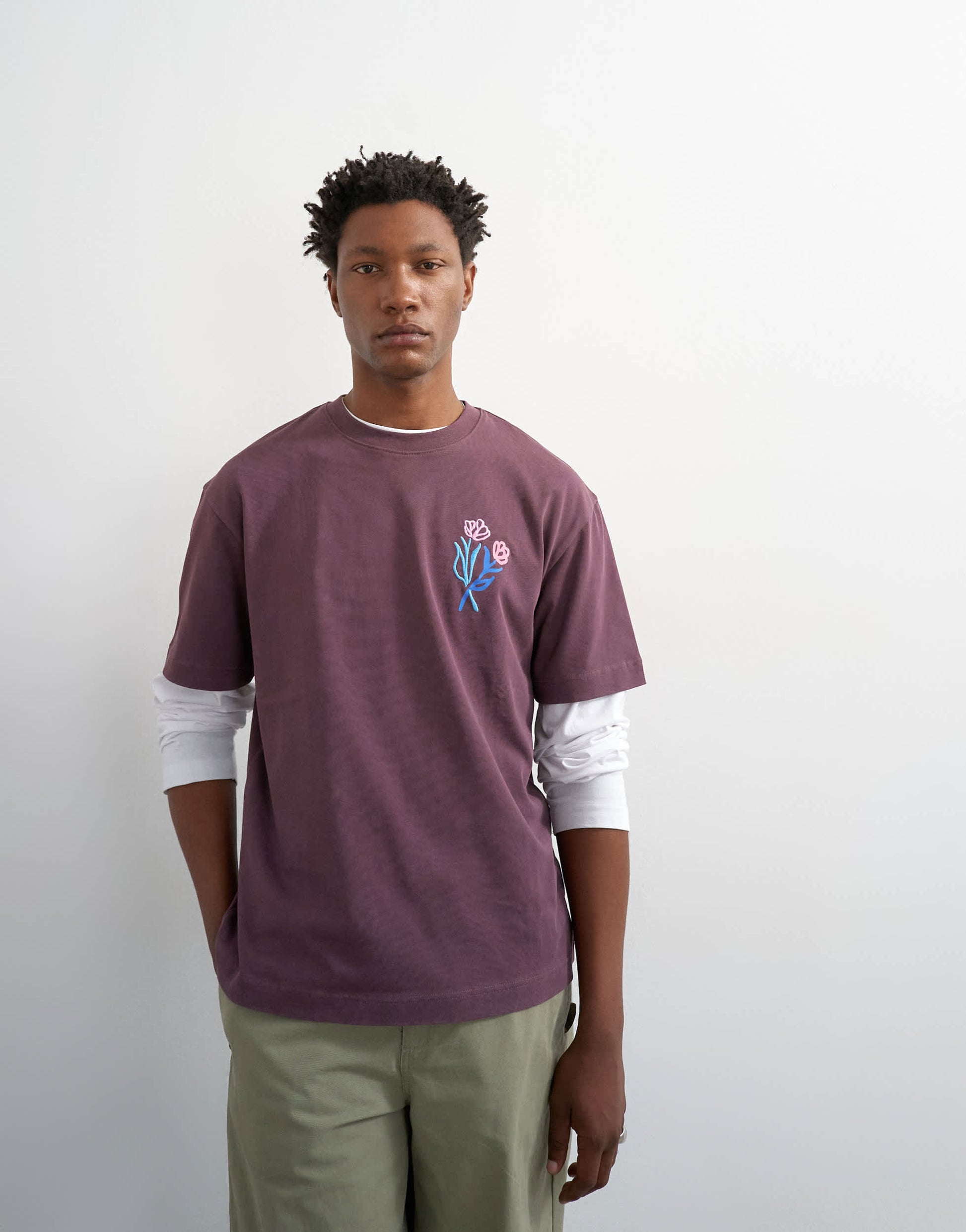 Topman relaxed fit t-shirt with front and black floral embroidery in purple