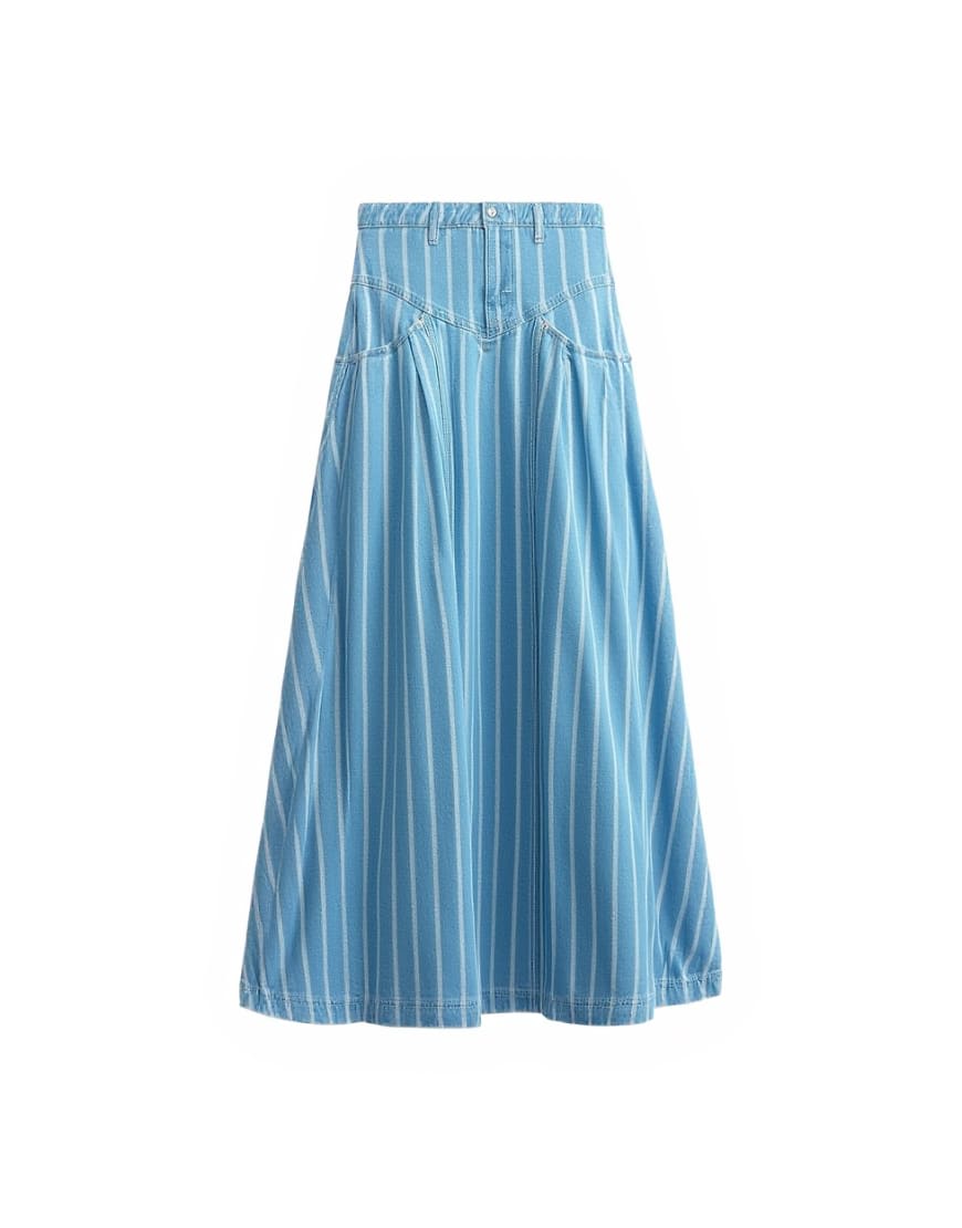Topshop denim pleated yoke maxi skirt in stripe