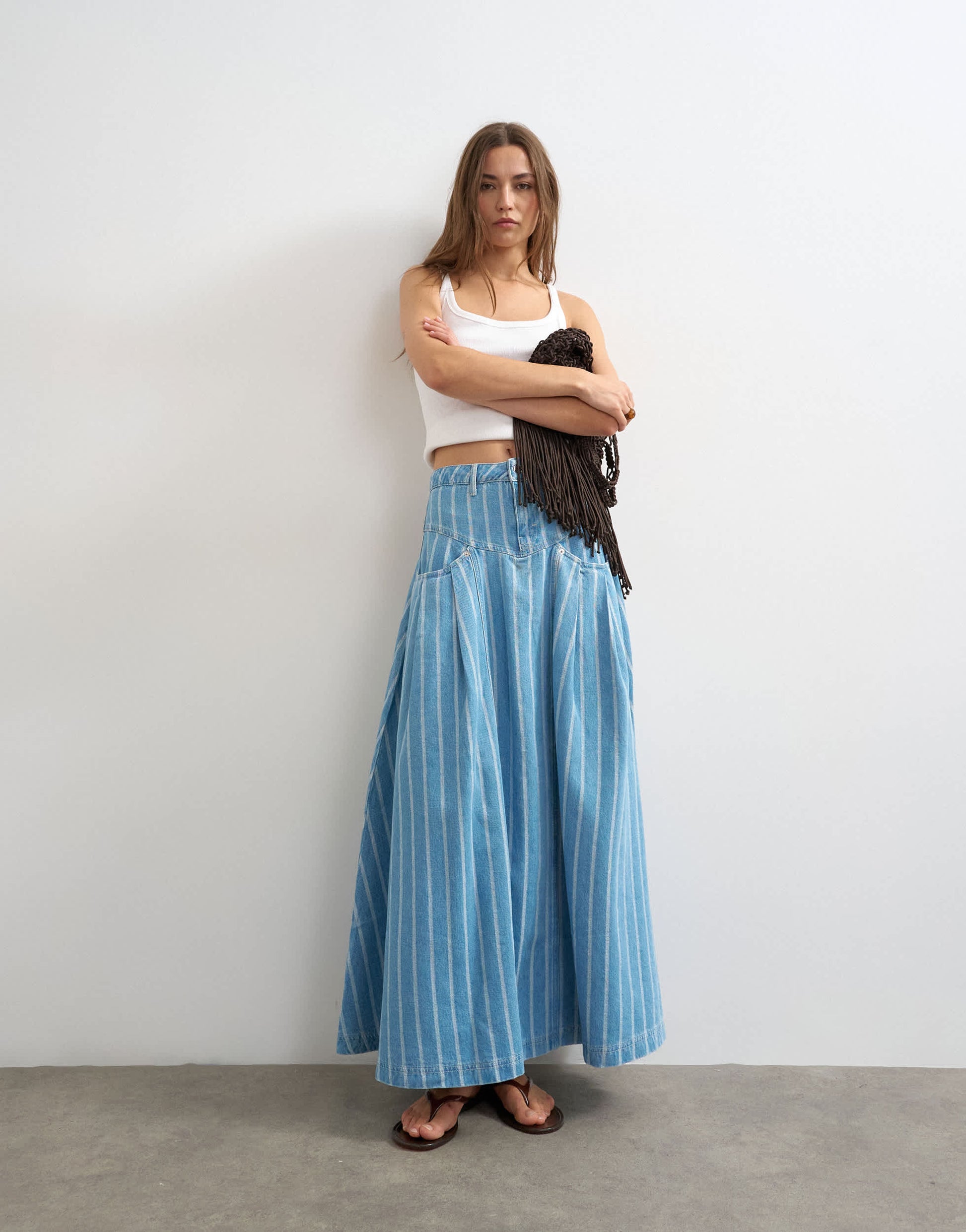 Topshop denim pleated yoke maxi skirt in stripe