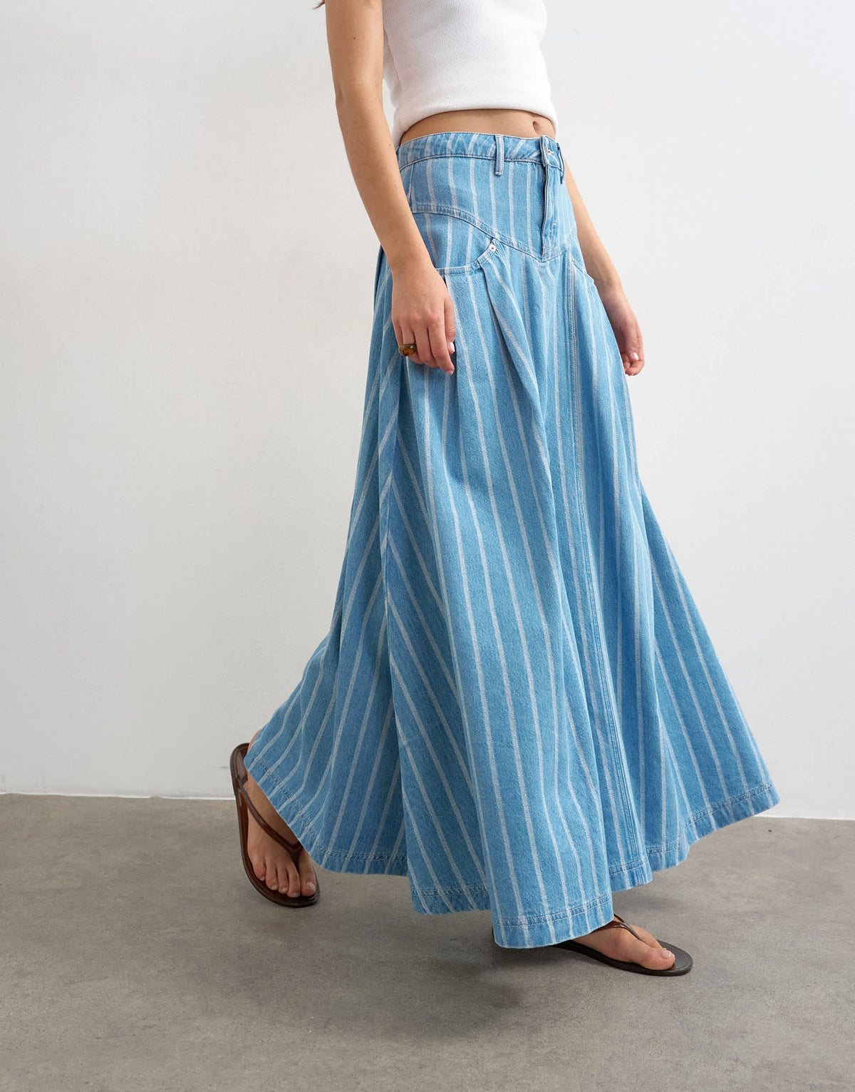 Topshop denim pleated yoke maxi skirt in stripe