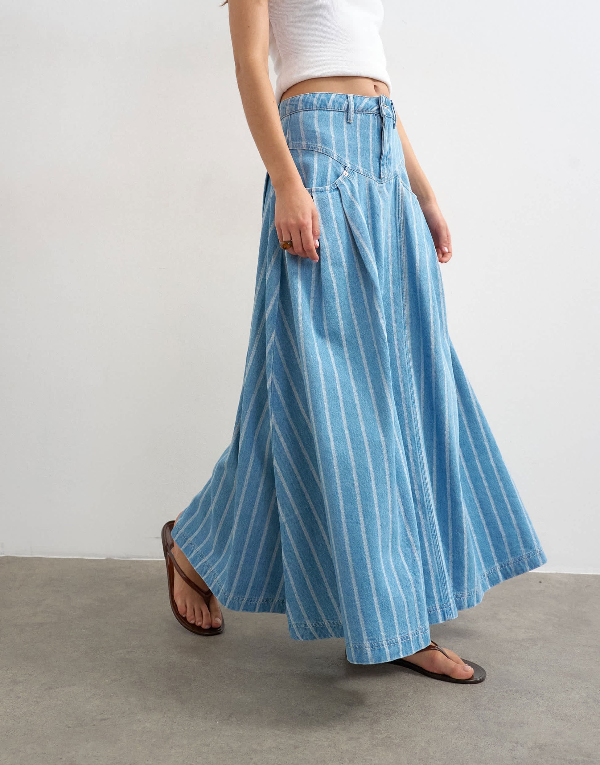 Topshop denim pleated yoke maxi skirt in stripe