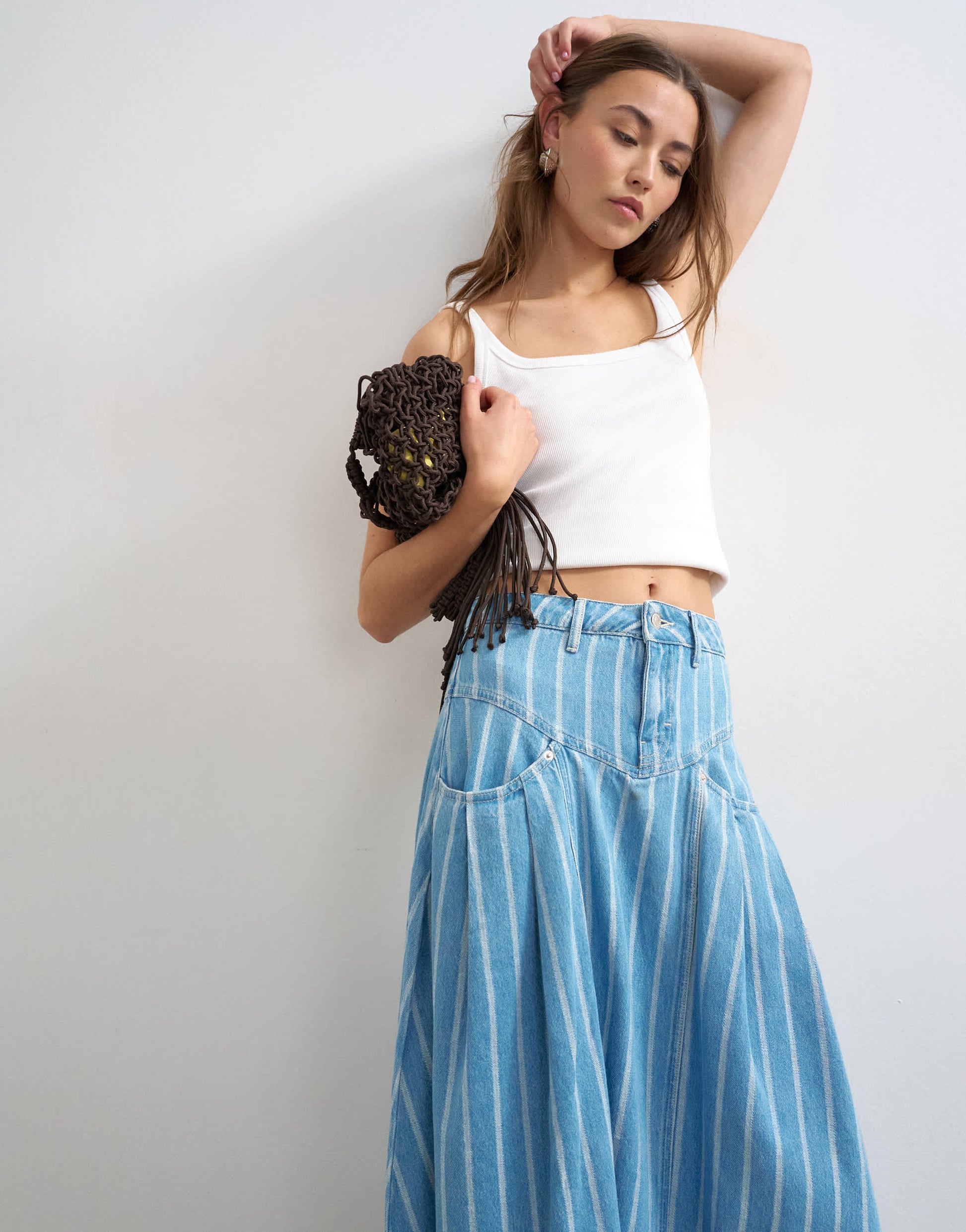 Topshop denim pleated yoke maxi skirt in stripe