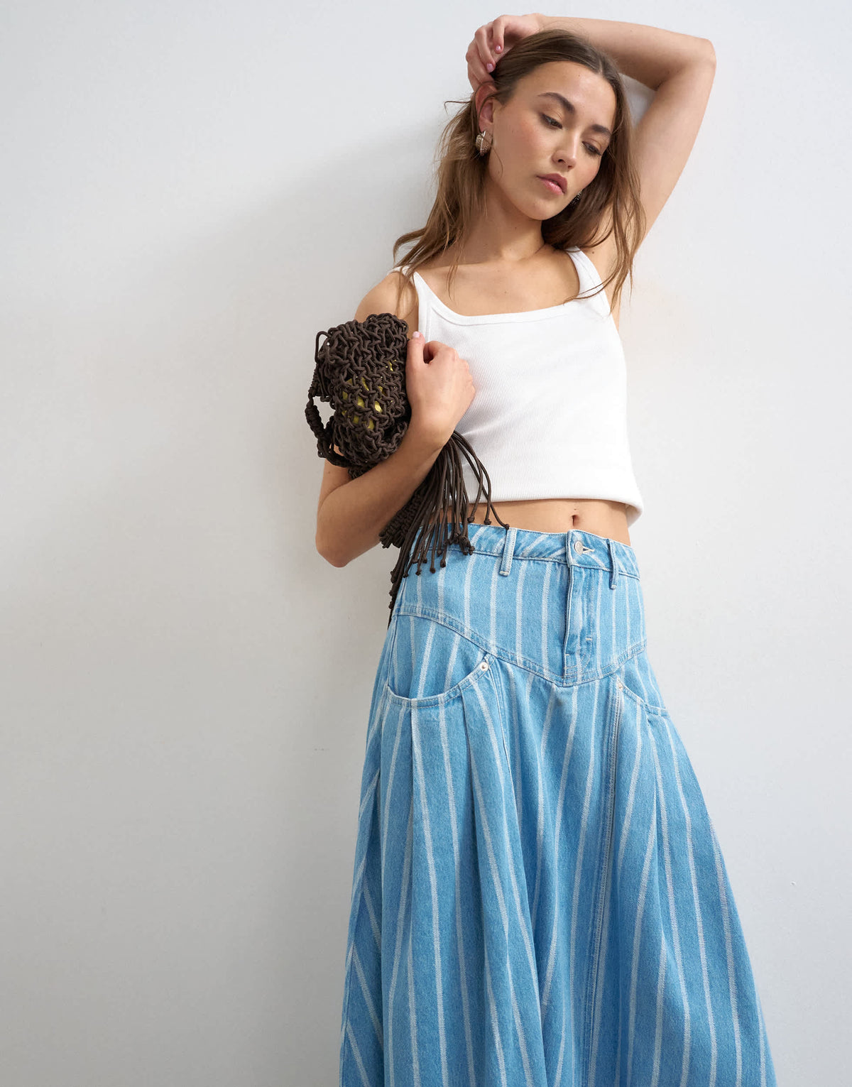 Topshop denim pleated yoke maxi skirt in stripe