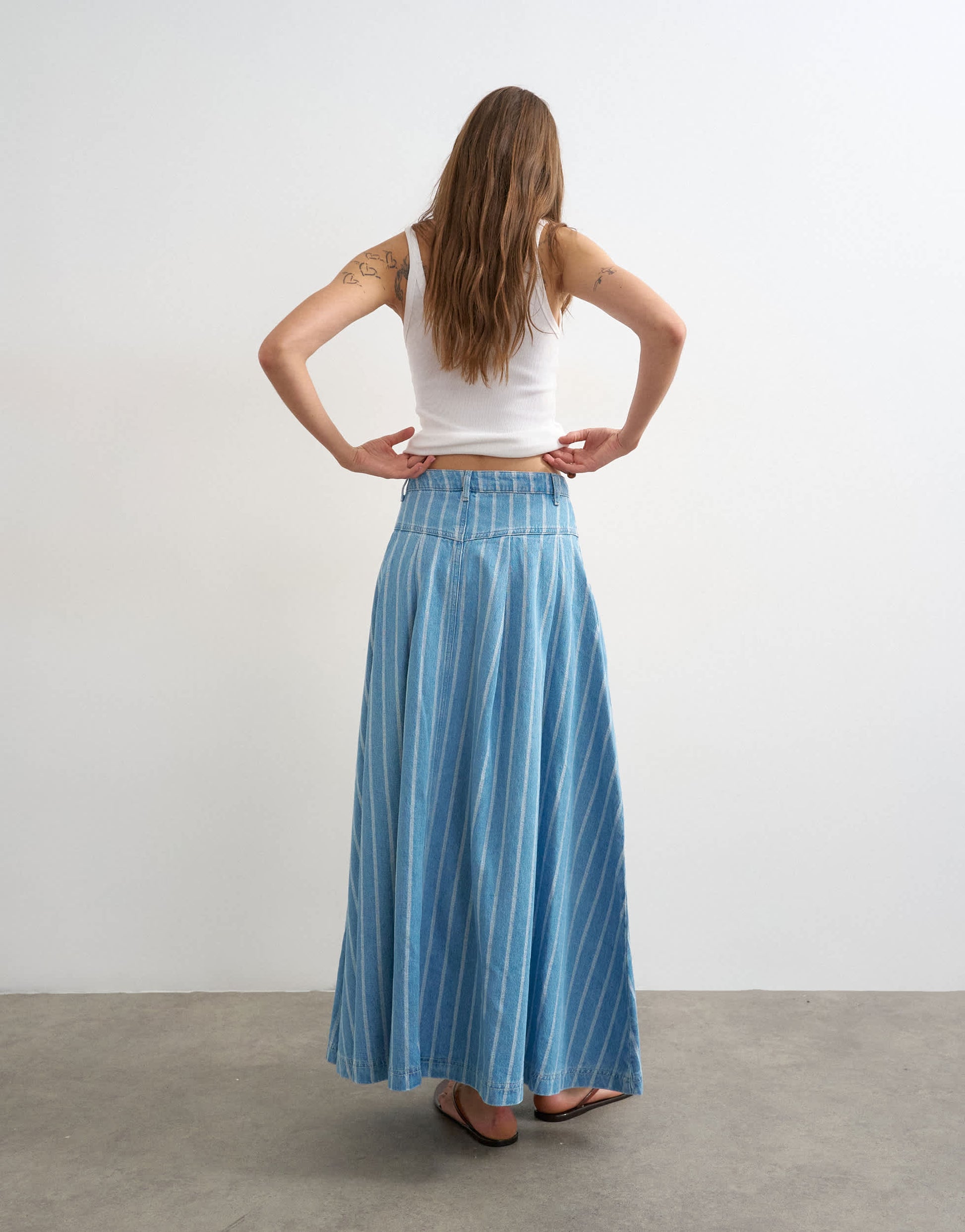 Topshop denim pleated yoke maxi skirt in stripe