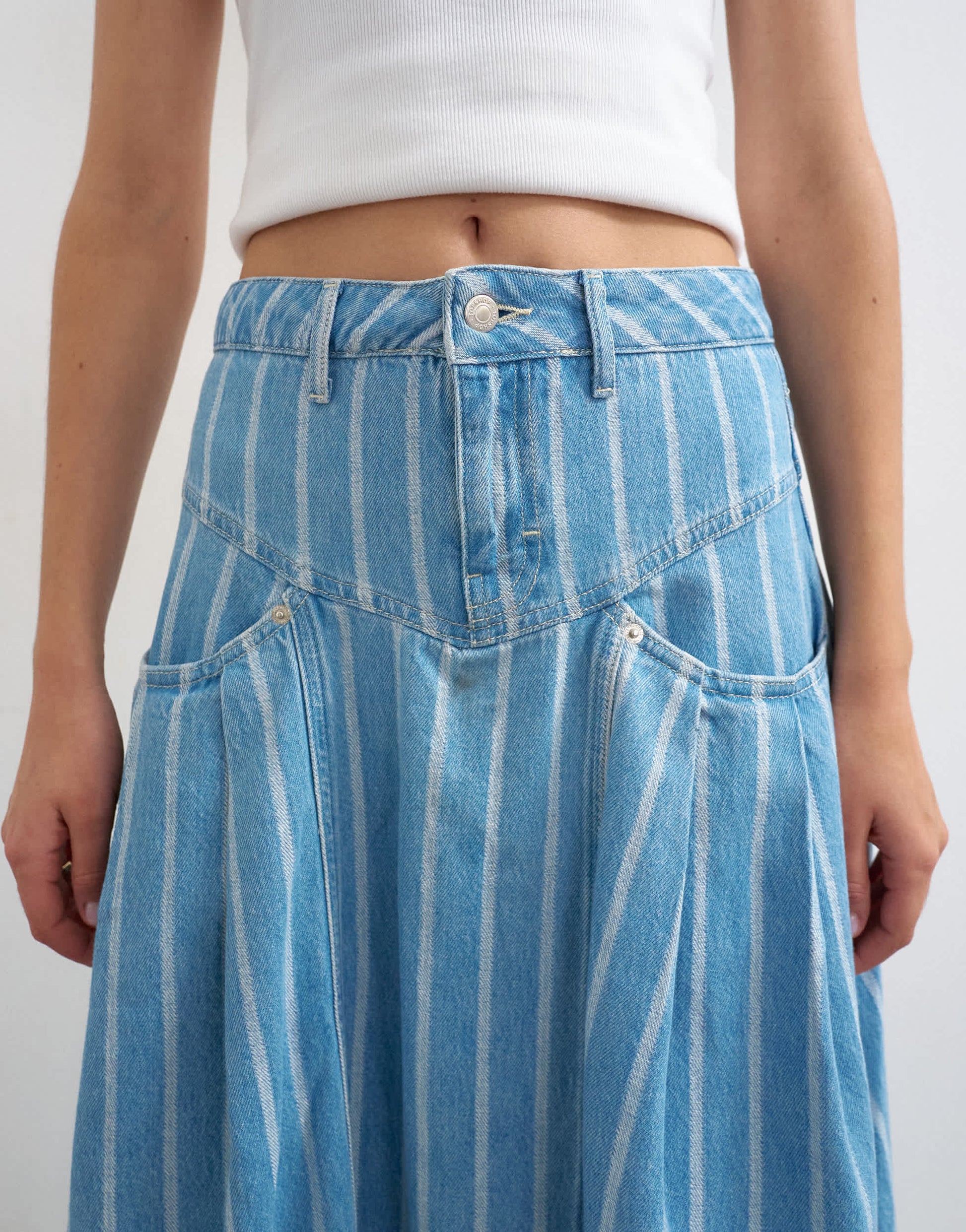 Topshop denim pleated yoke maxi skirt in stripe