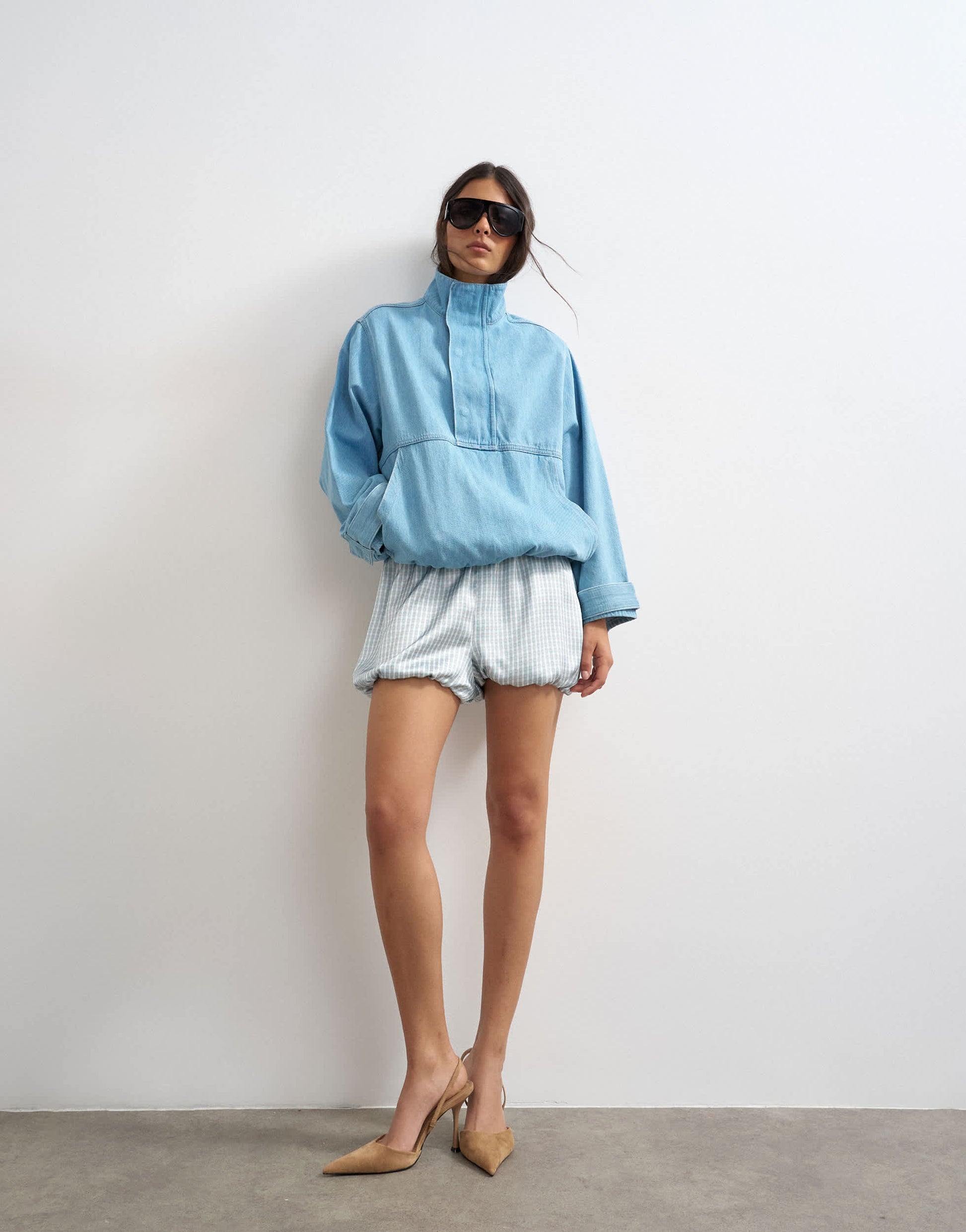Topshop satin bubble short in blue check