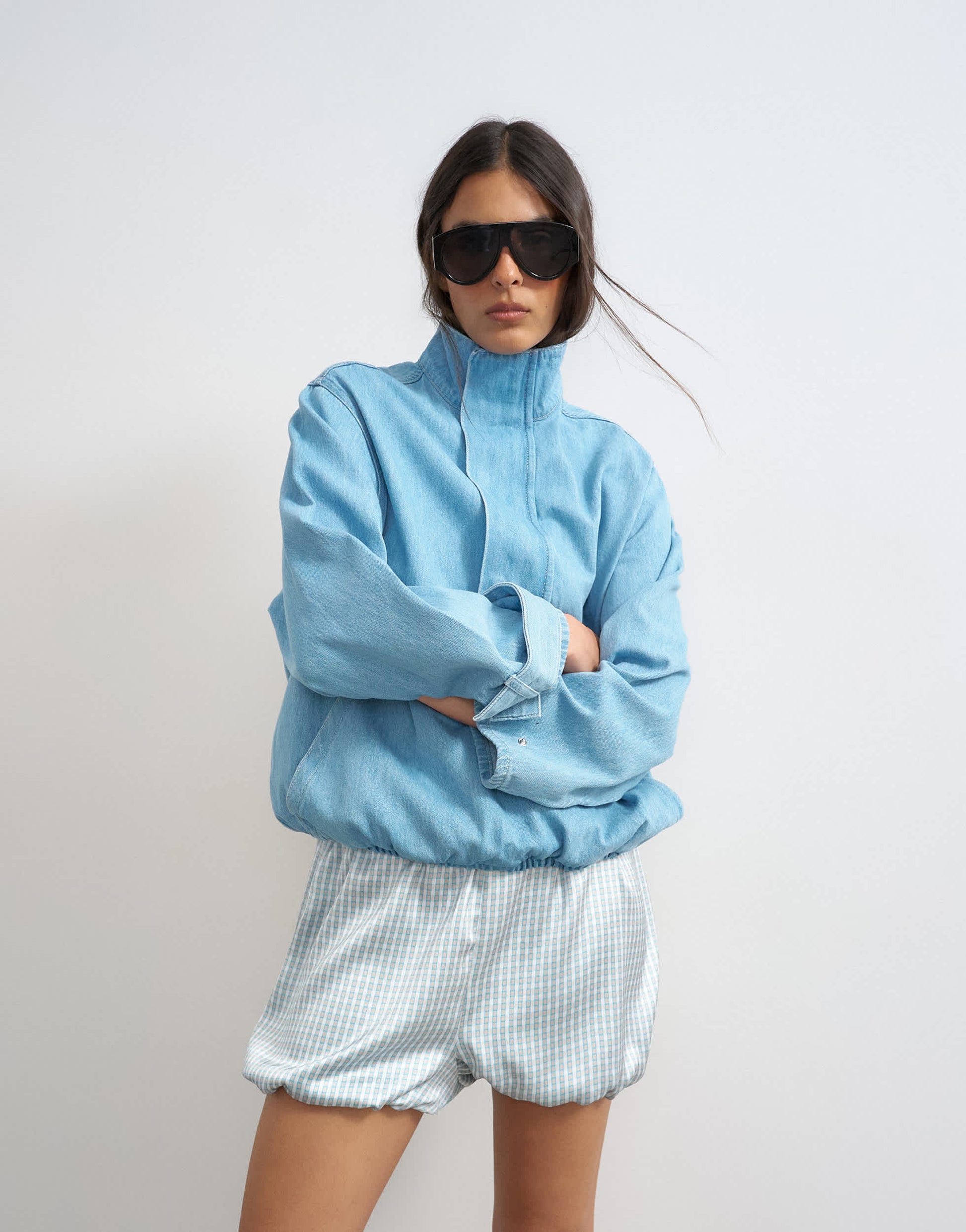 Topshop satin bubble short in blue check