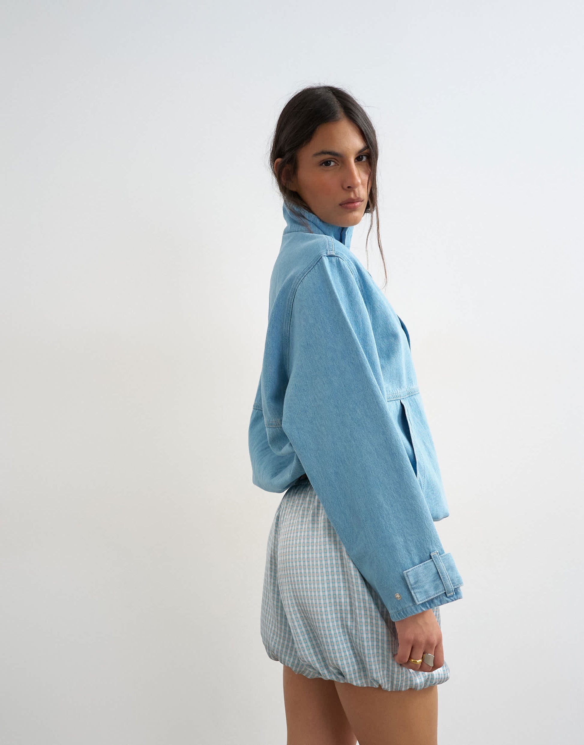 Topshop satin bubble short in blue check