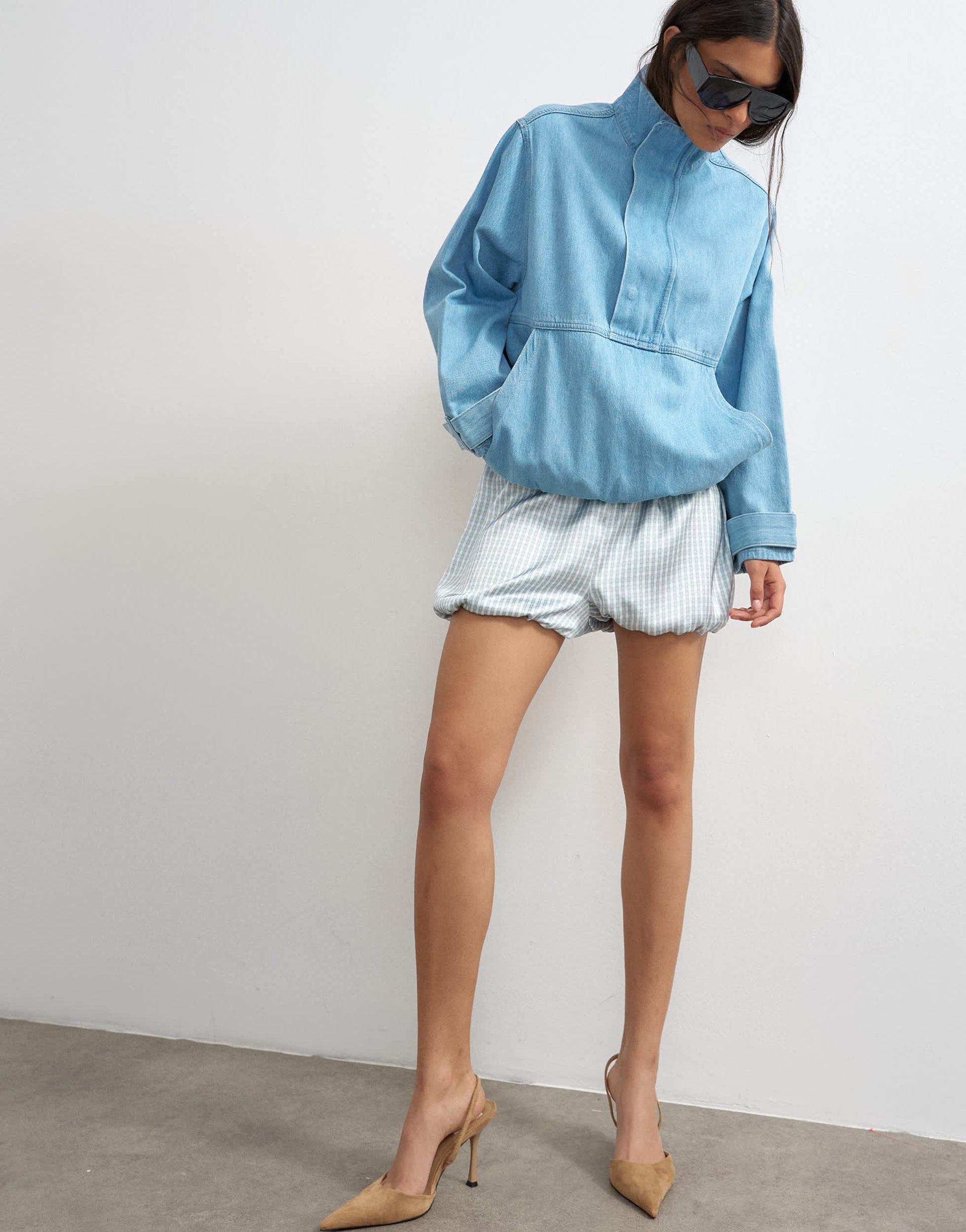 Topshop satin bubble short in blue check