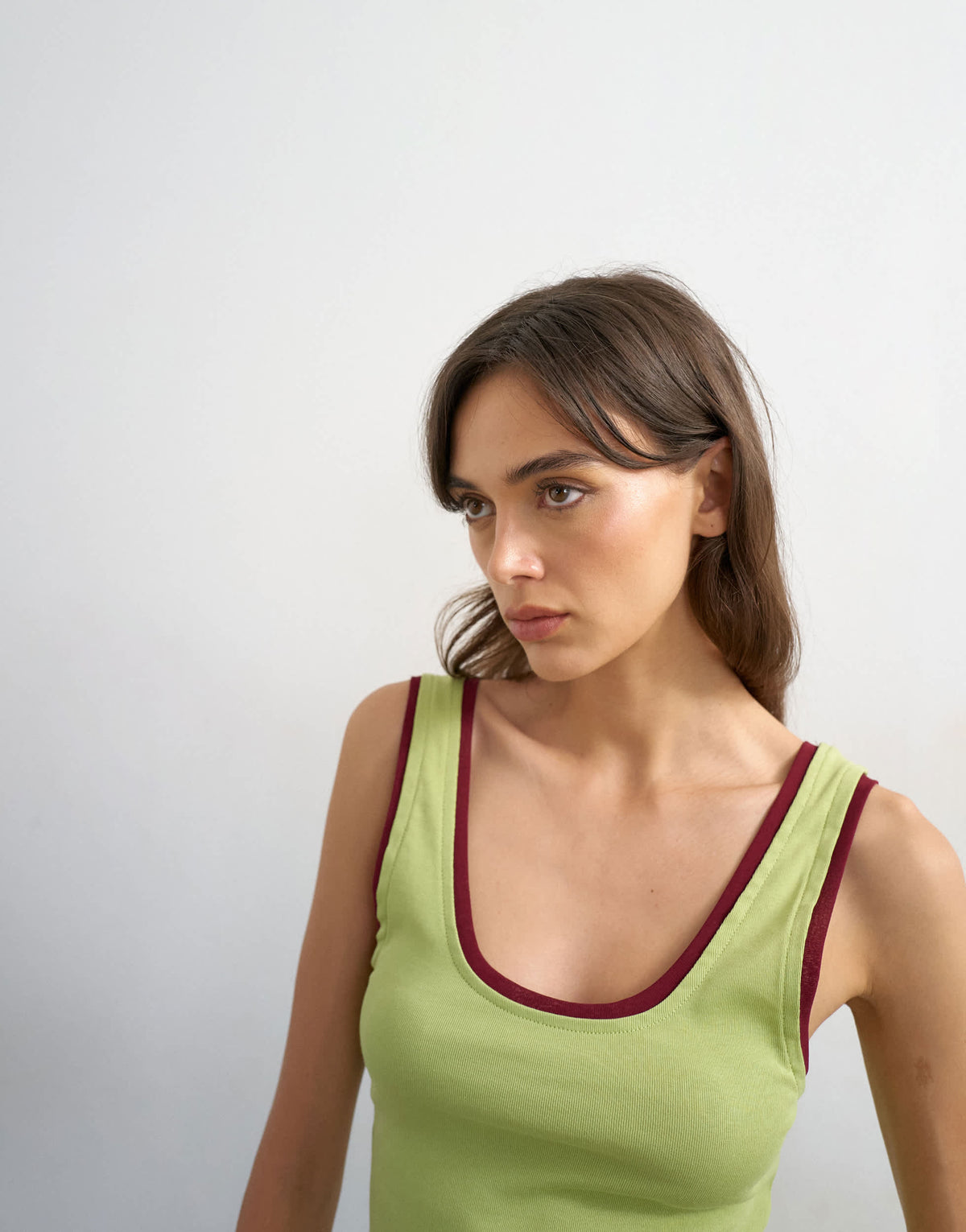 Topshop scoop vest with contrast mesh tipping in green & plum