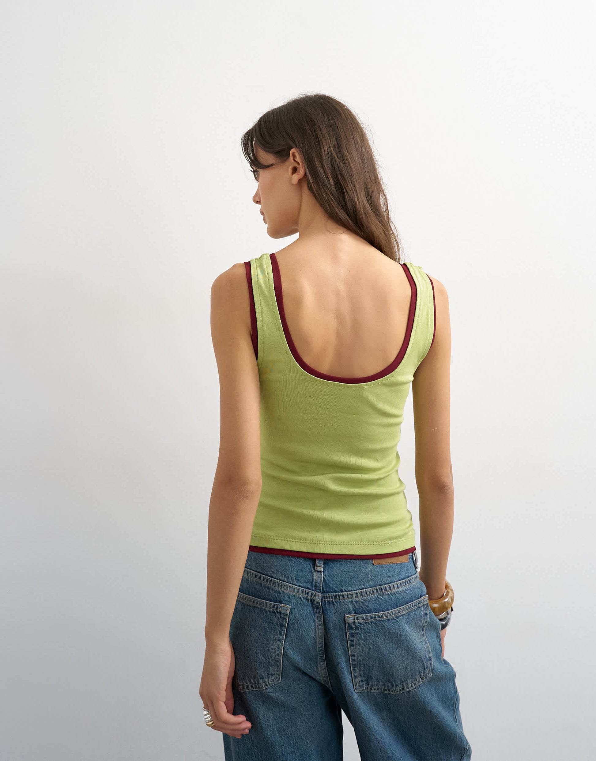 Topshop scoop vest with contrast mesh tipping in green & plum