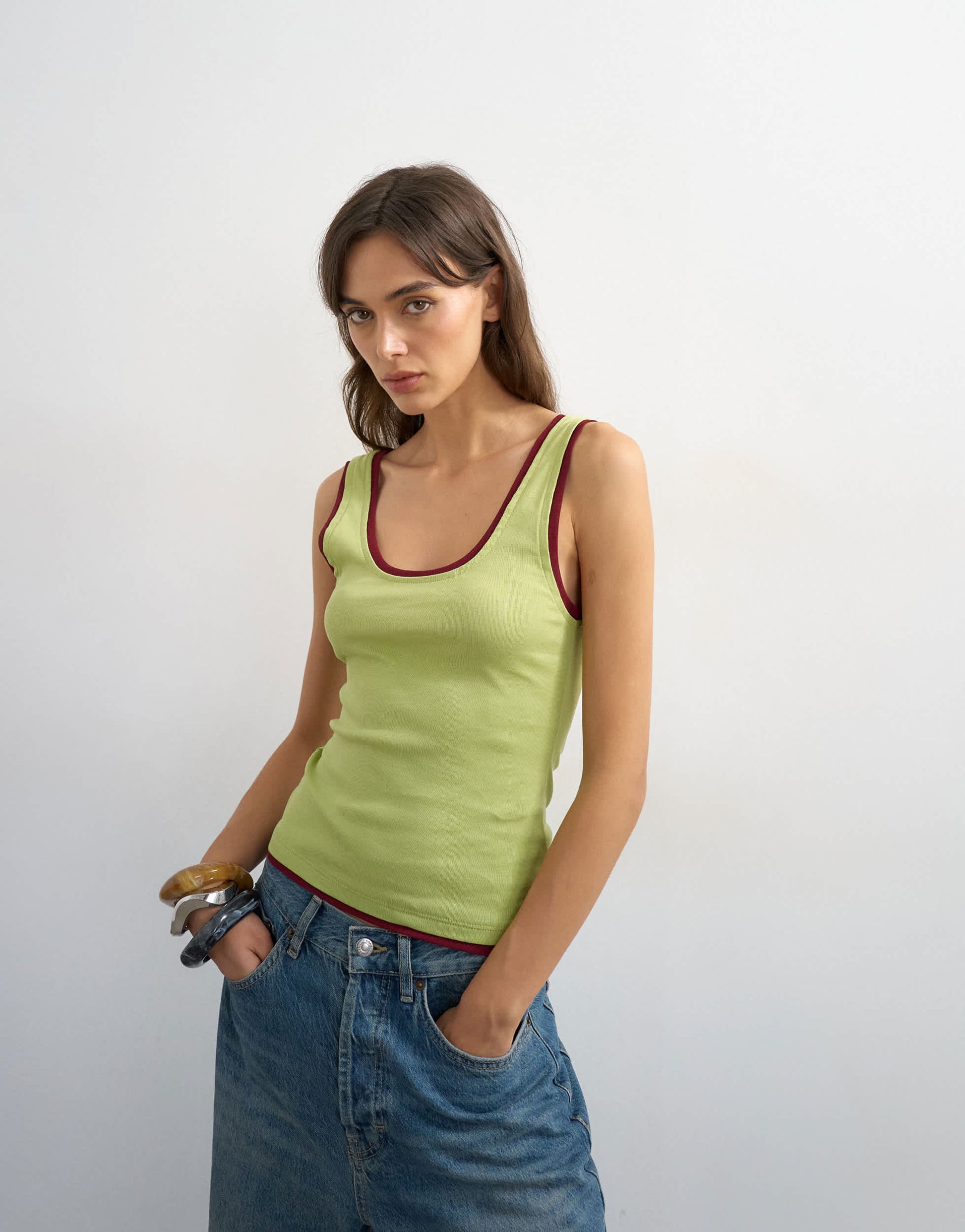 Topshop scoop vest with contrast mesh tipping in green & plum