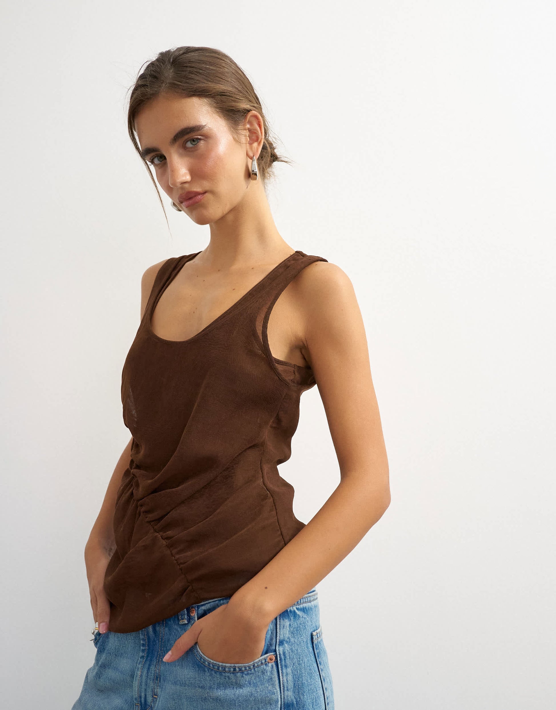 Topshop mesh ruched tunic layered vest in brown