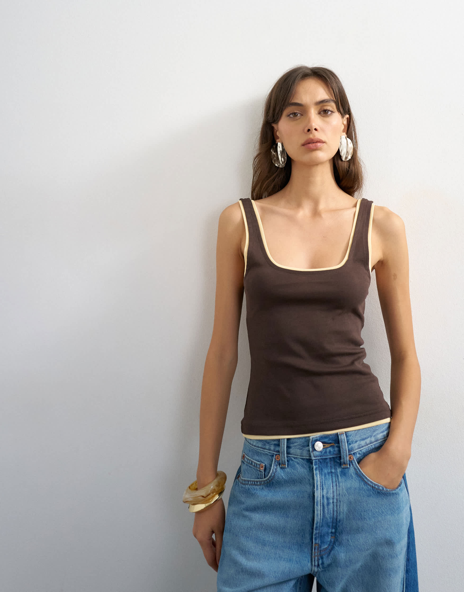 Topshop scoop vest with contrast mesh tipping in choc & yellow