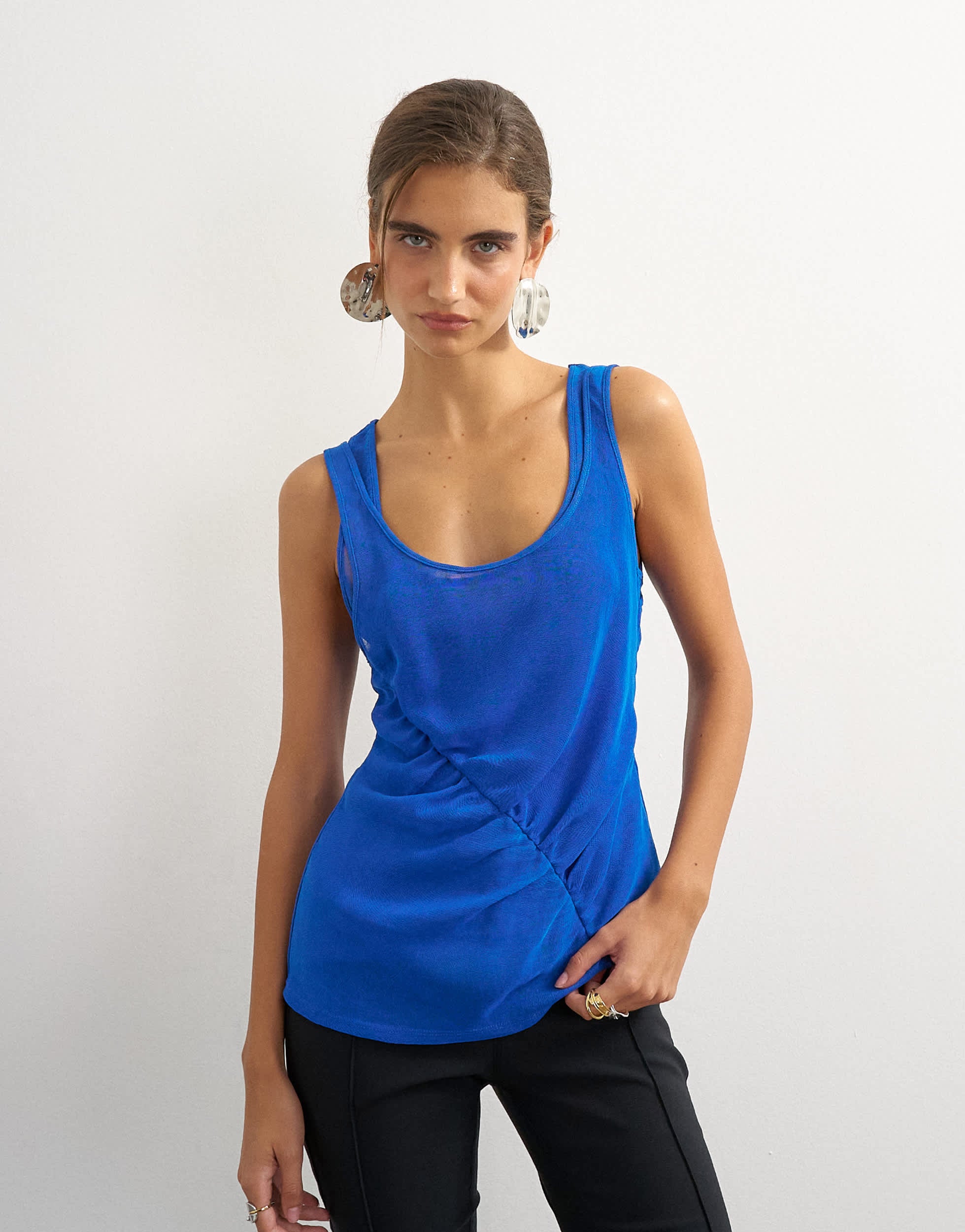 Topshop mesh ruched tunic layered vest in cobalt blue