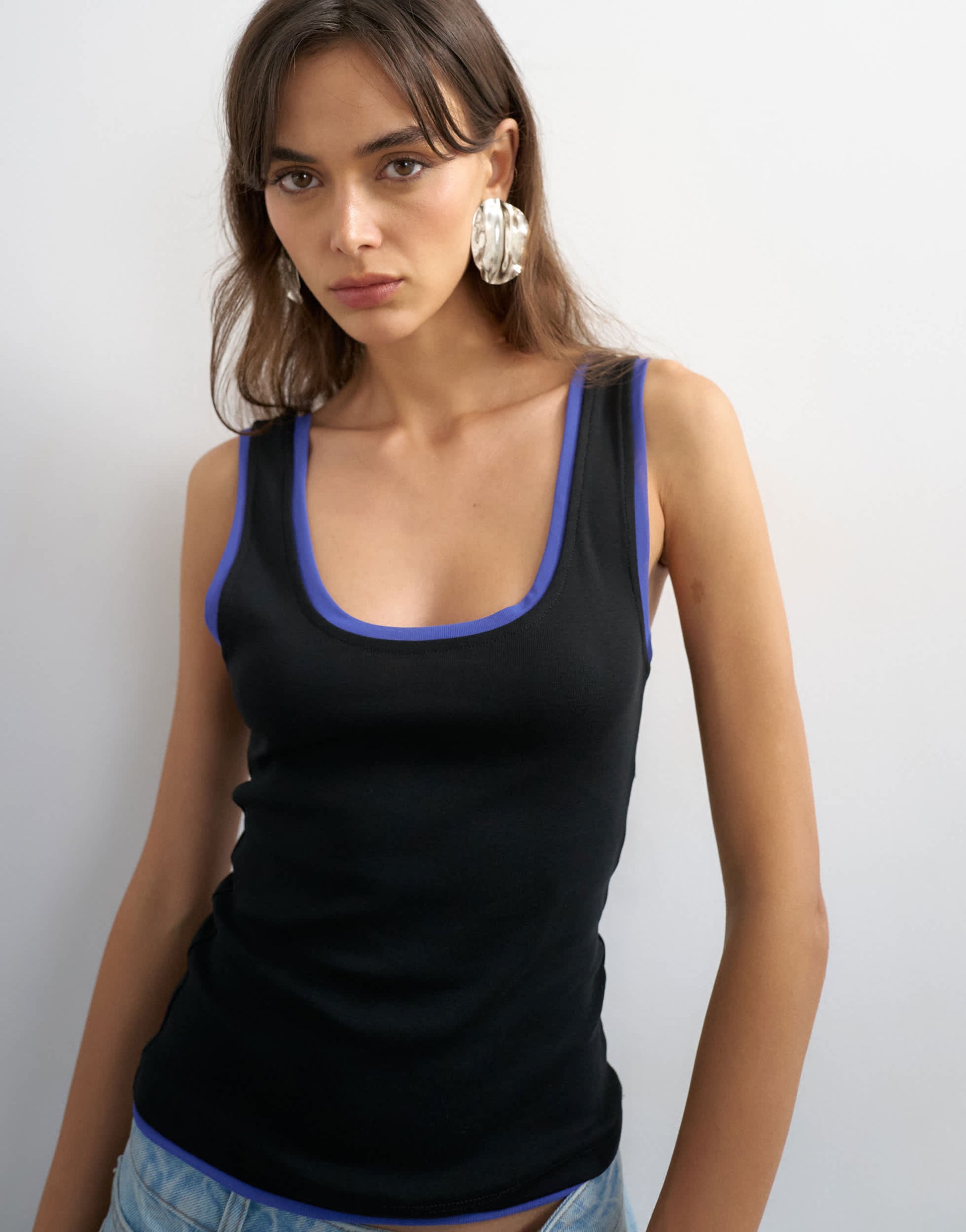 Topshop scoop vest with contrast mesh tipping in black and blue