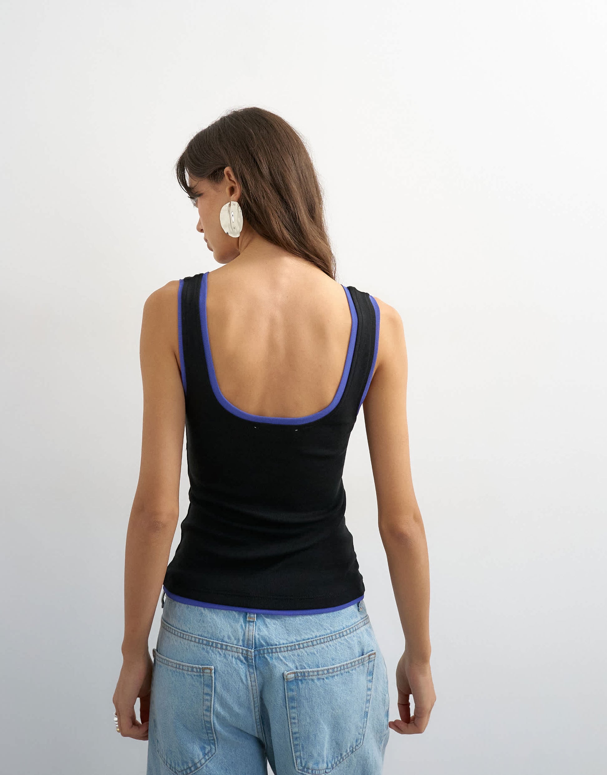 Topshop scoop vest with contrast mesh tipping in black and blue