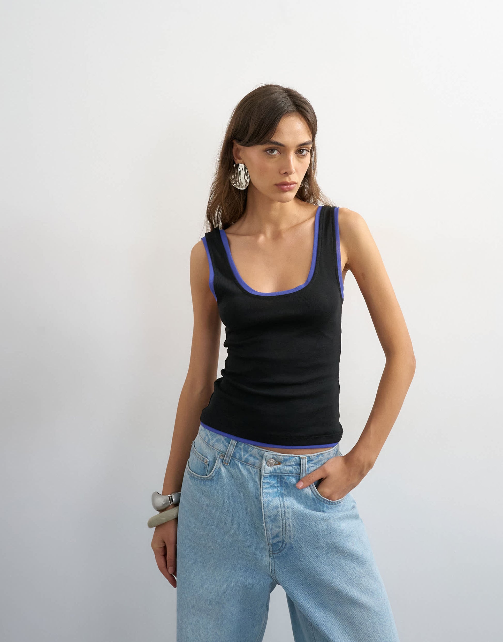 Topshop scoop vest with contrast mesh tipping in black and blue