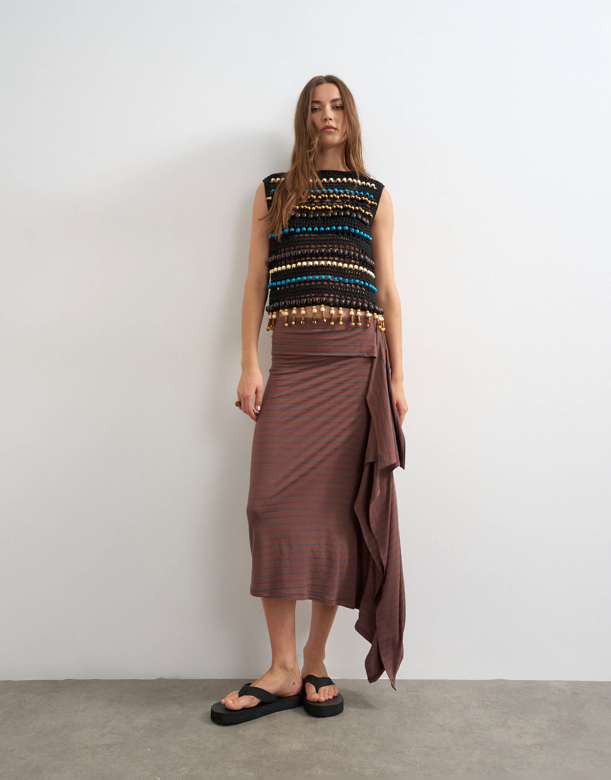 Topshop stripe draped midi skirt in brown