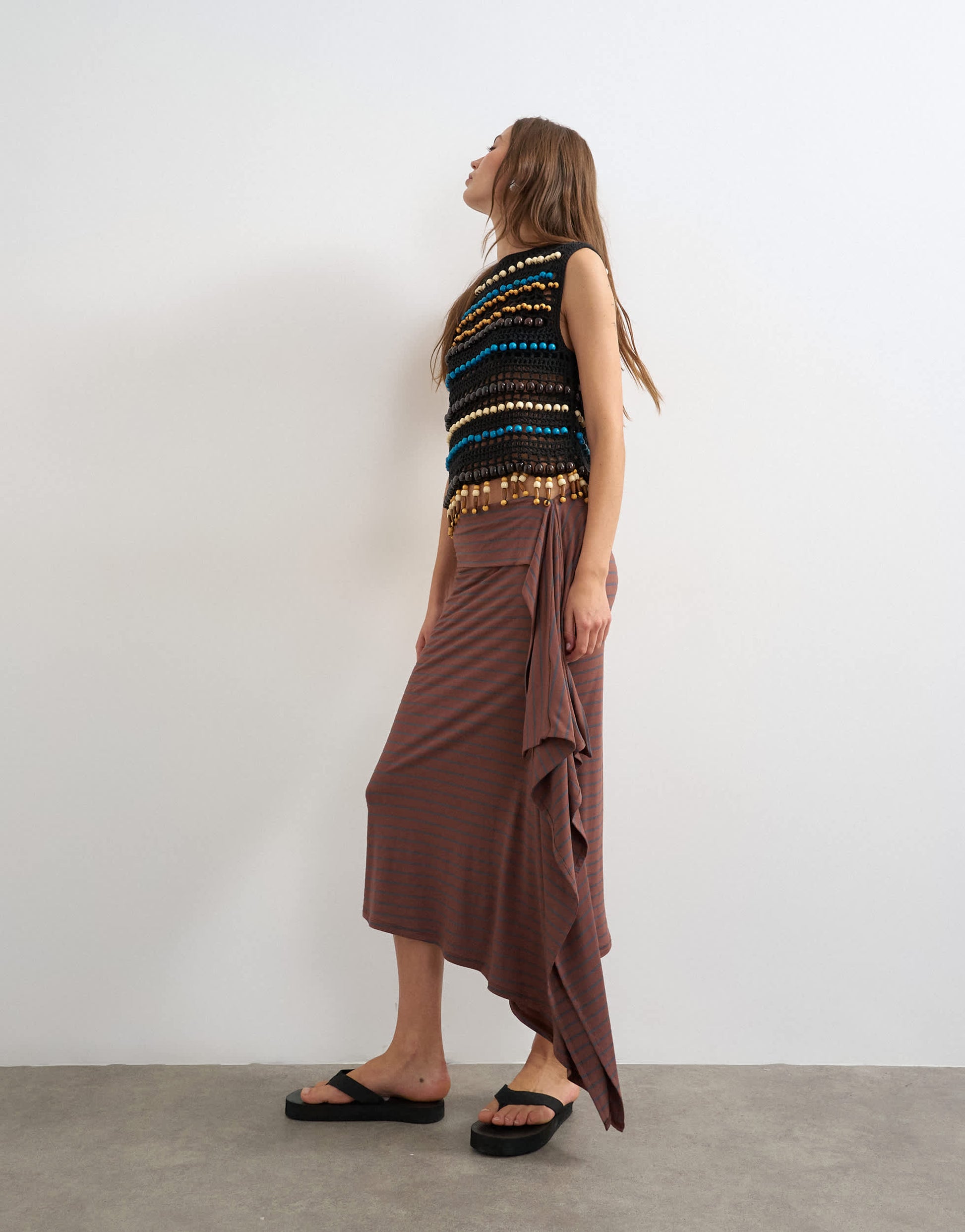 Topshop stripe draped midi skirt in brown