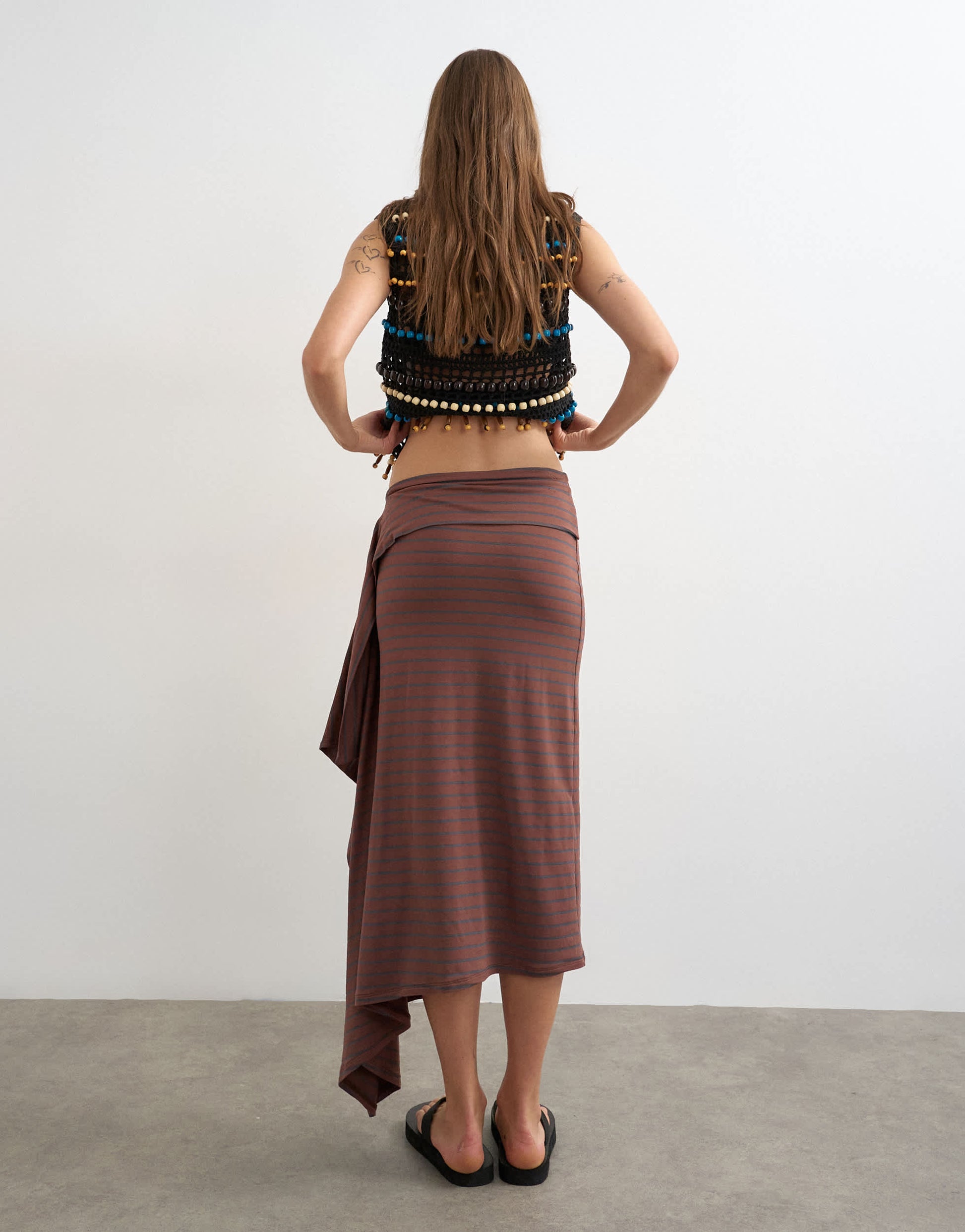 Topshop stripe draped midi skirt in brown