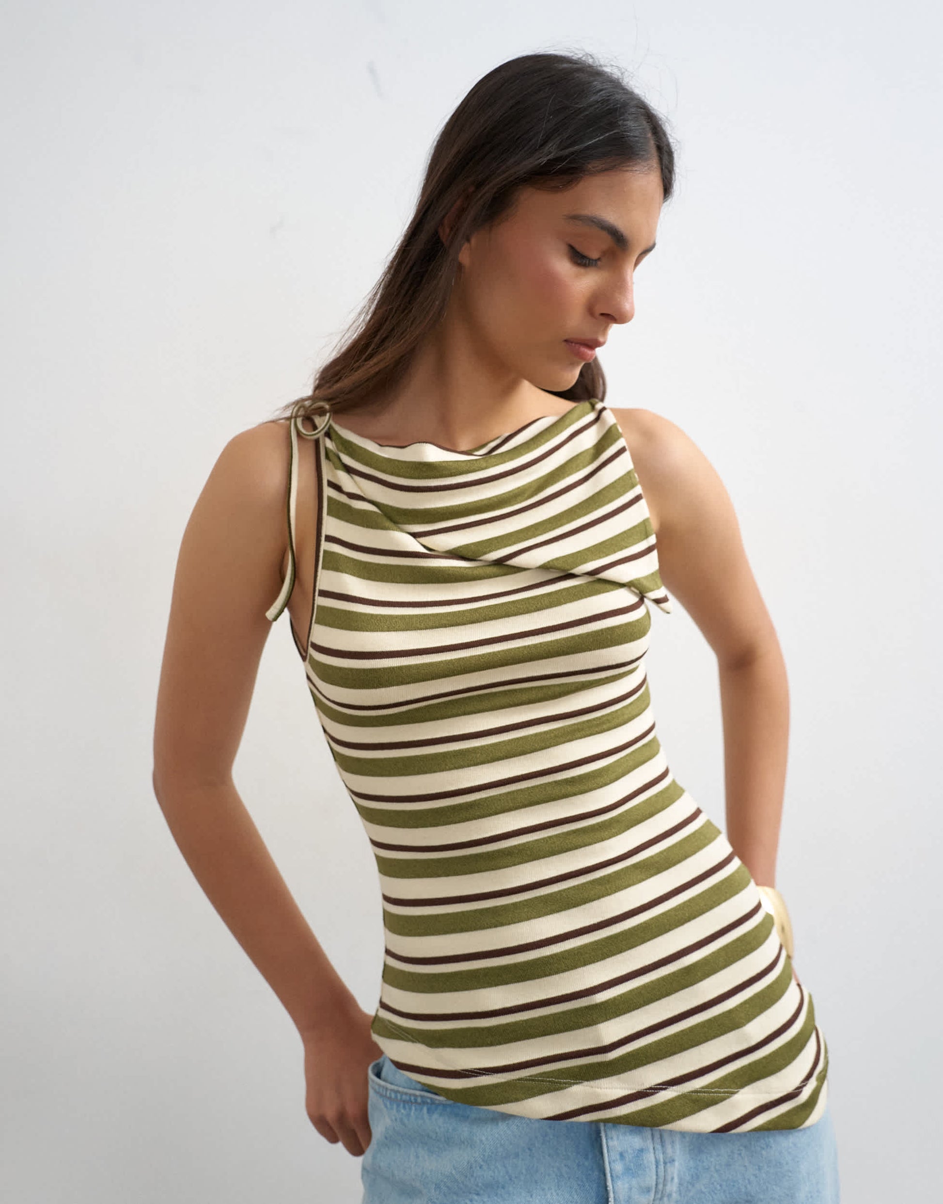Topshop stripe fold over tie shoulder tank in green