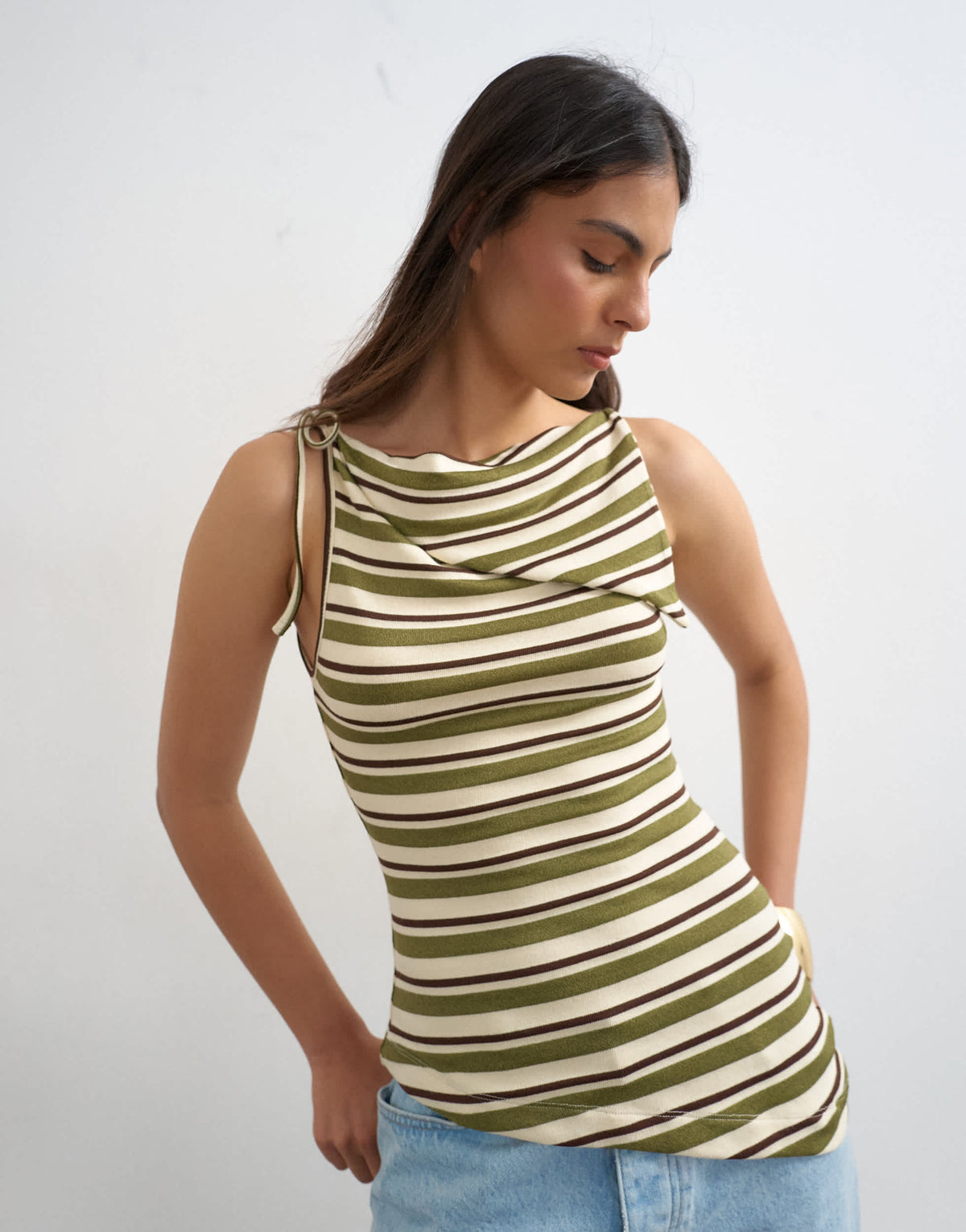 Topshop stripe fold over tie shoulder tank in green