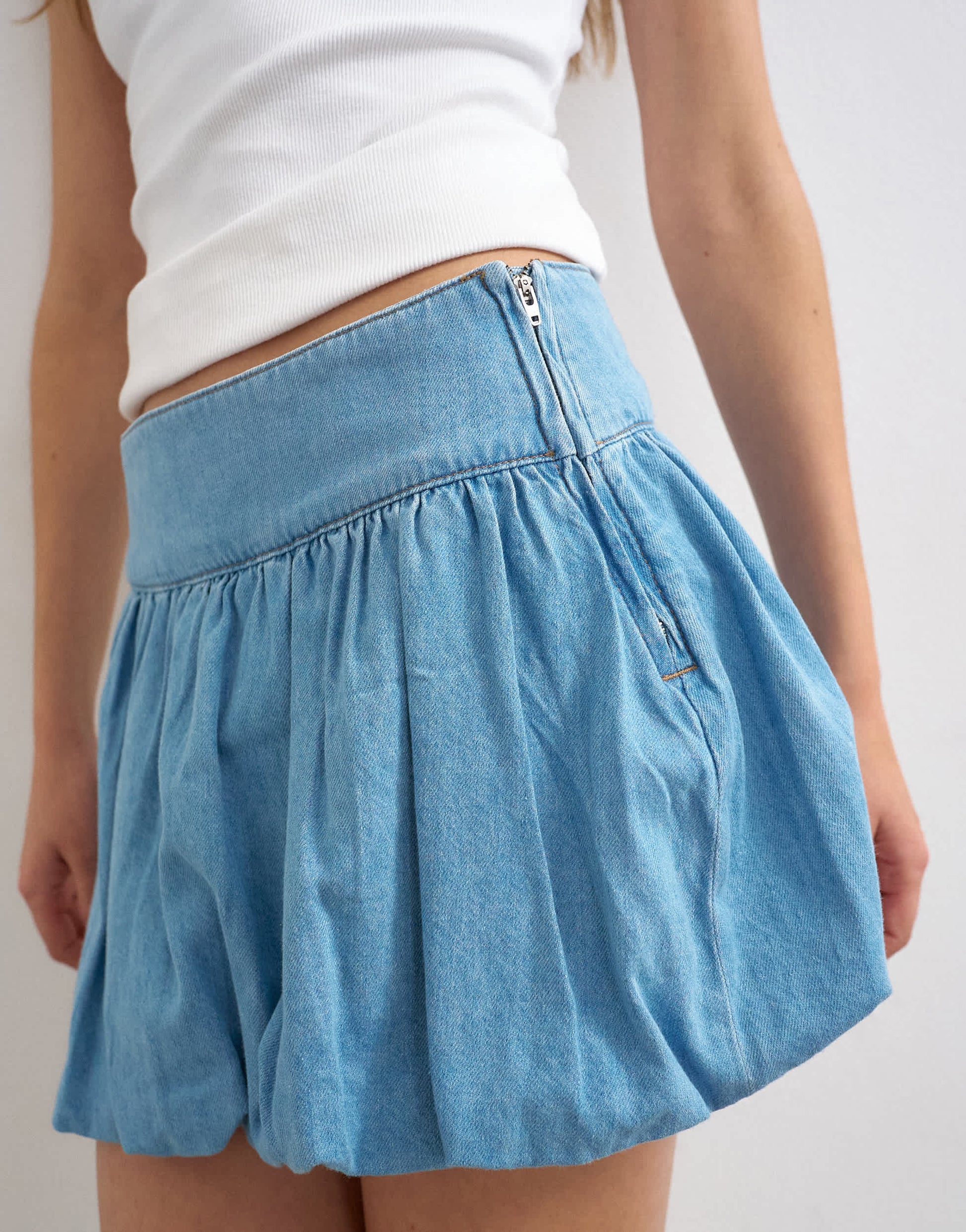 Topshop denim bubble hem mini skirt in mid blue
