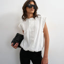 Topshop soft zip through structured shoulder top in white stripe