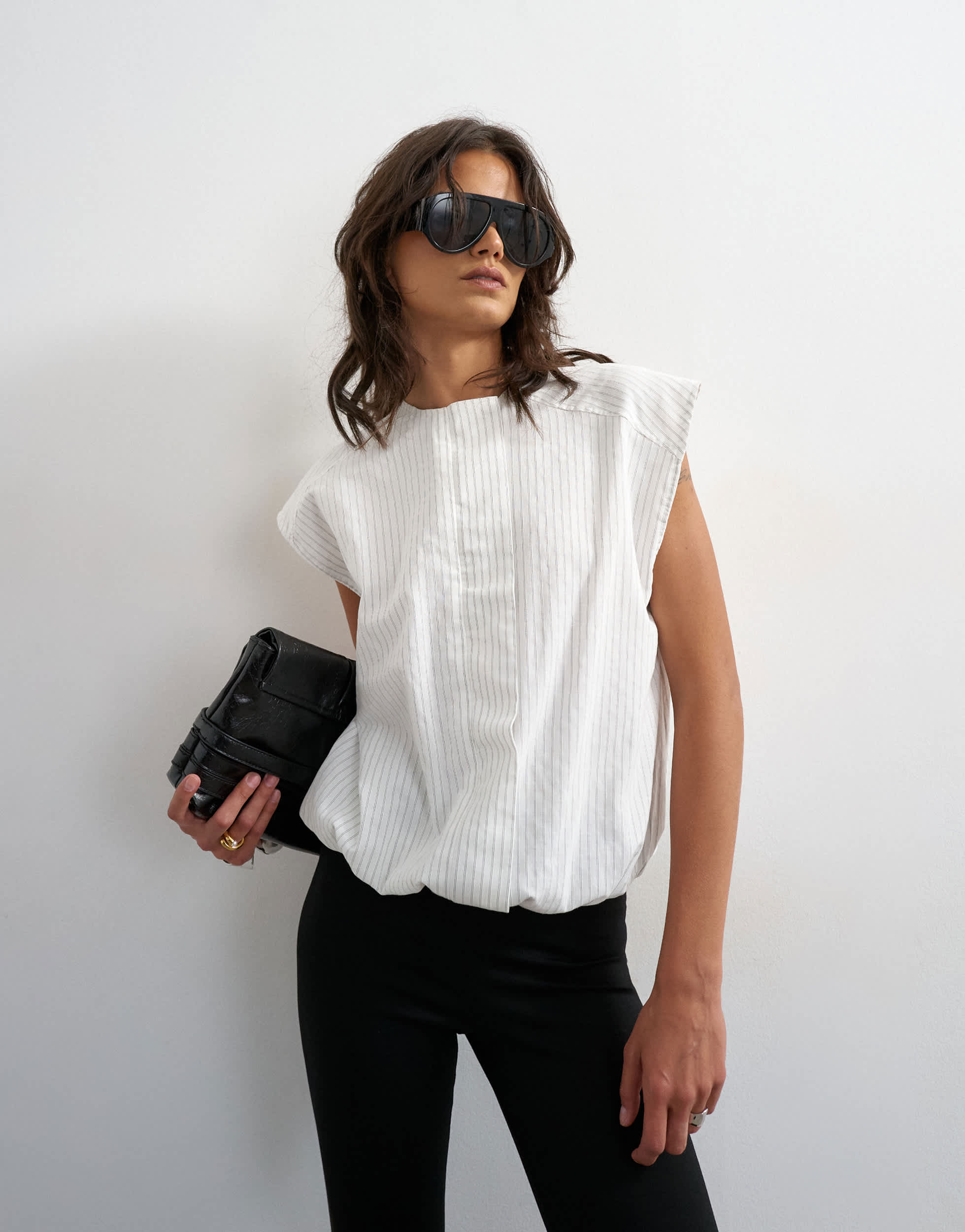 Topshop soft zip through structured shoulder top in white stripe