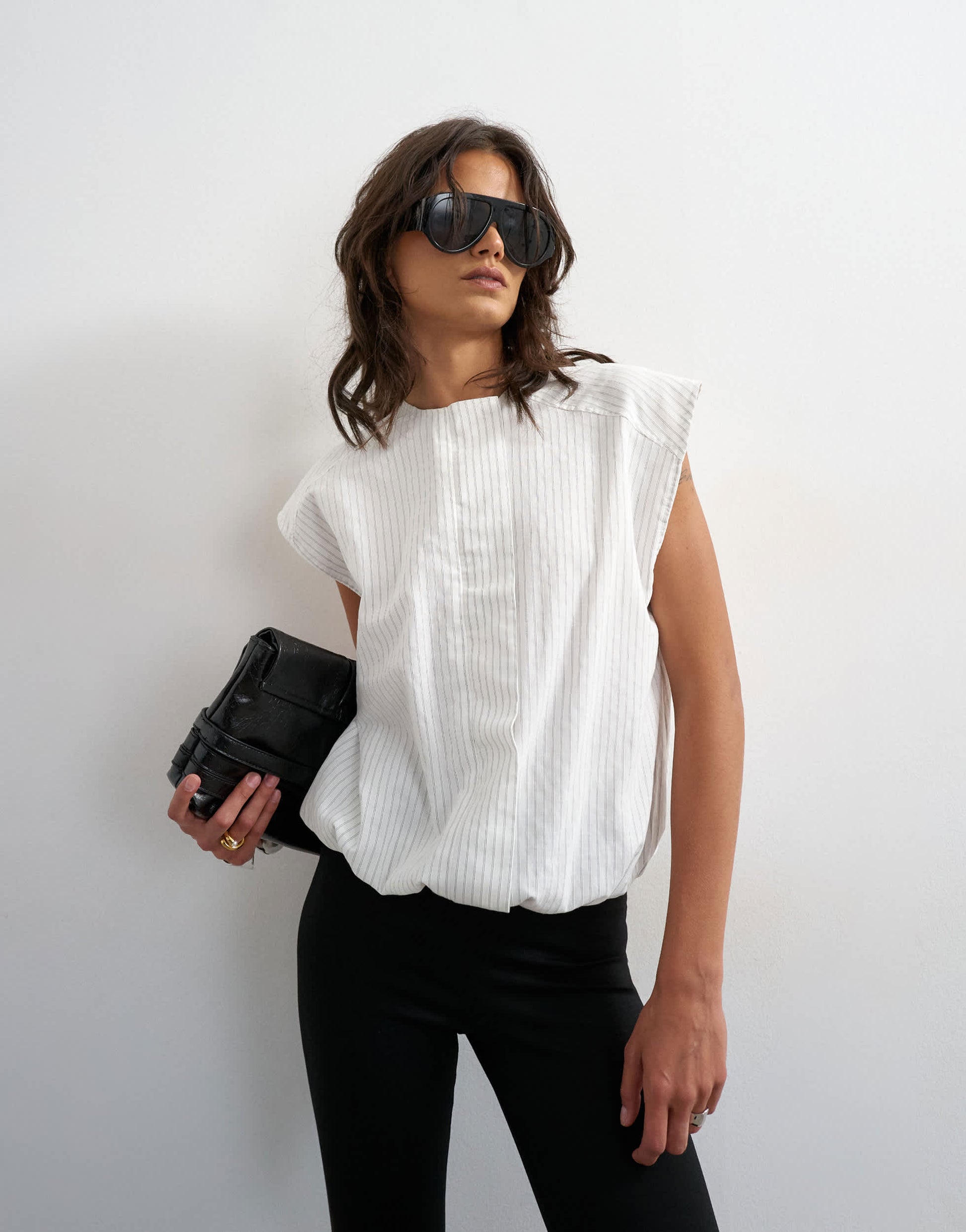 Topshop soft zip through structured shoulder top in white stripe