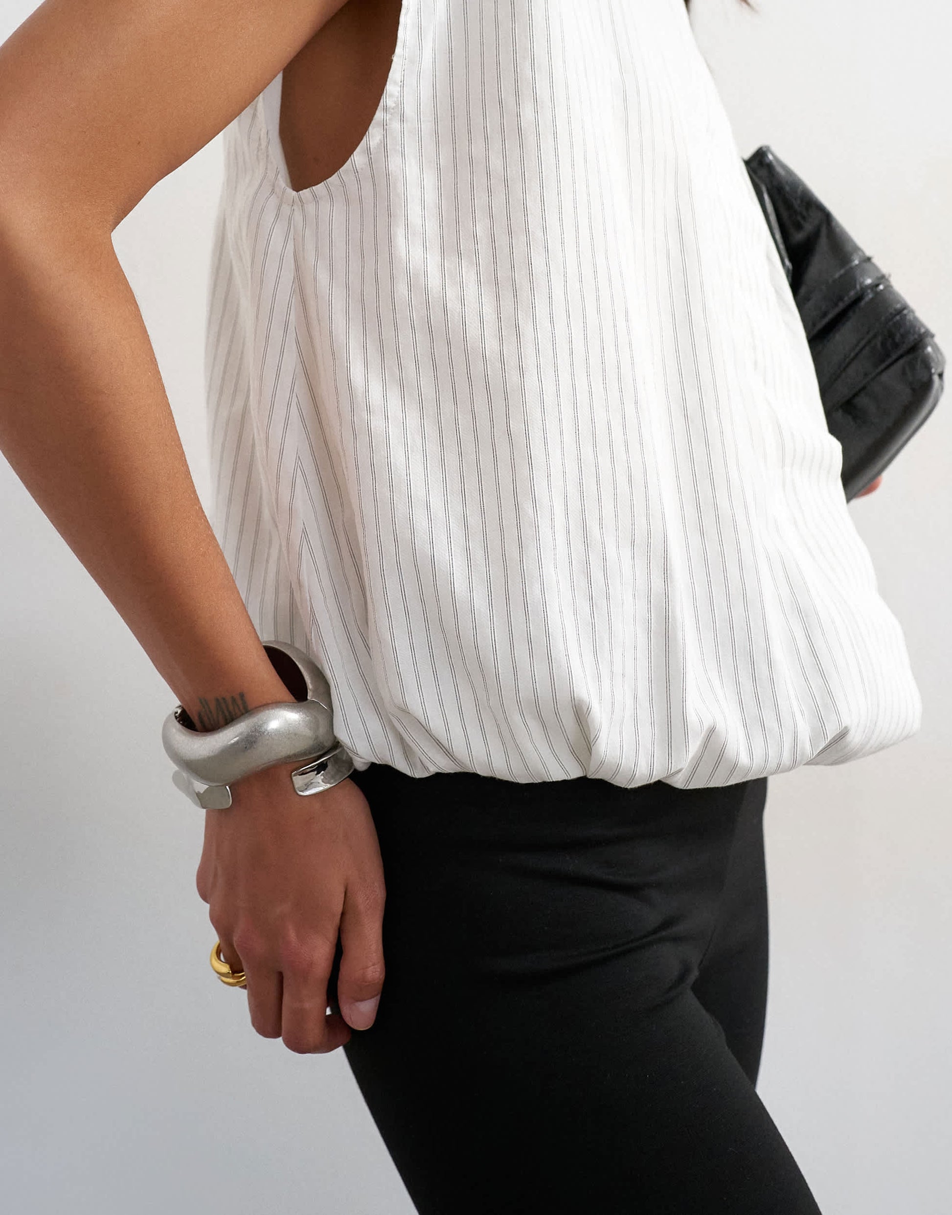 Topshop soft zip through structured shoulder top in white stripe