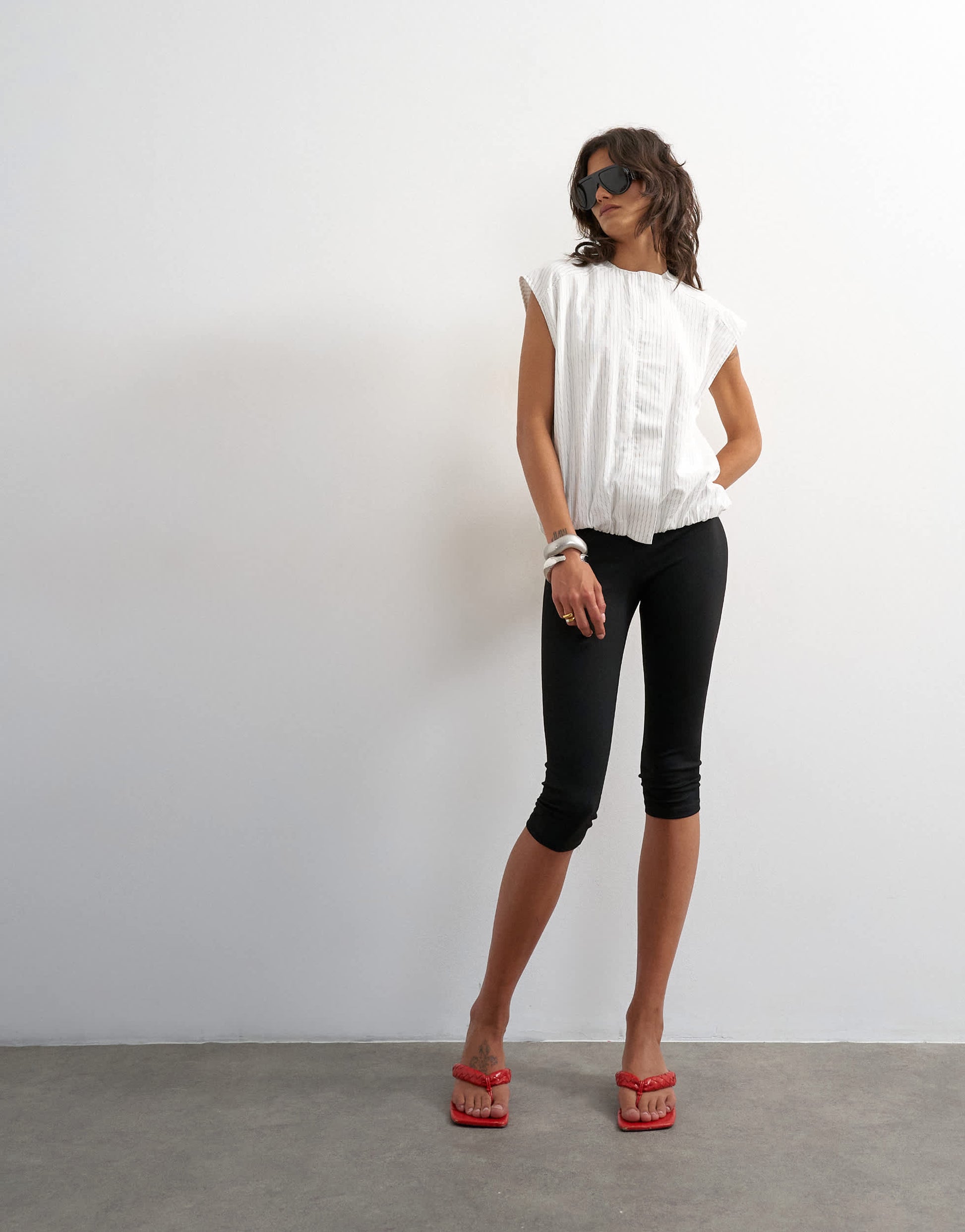 Topshop soft zip through structured shoulder top in white stripe