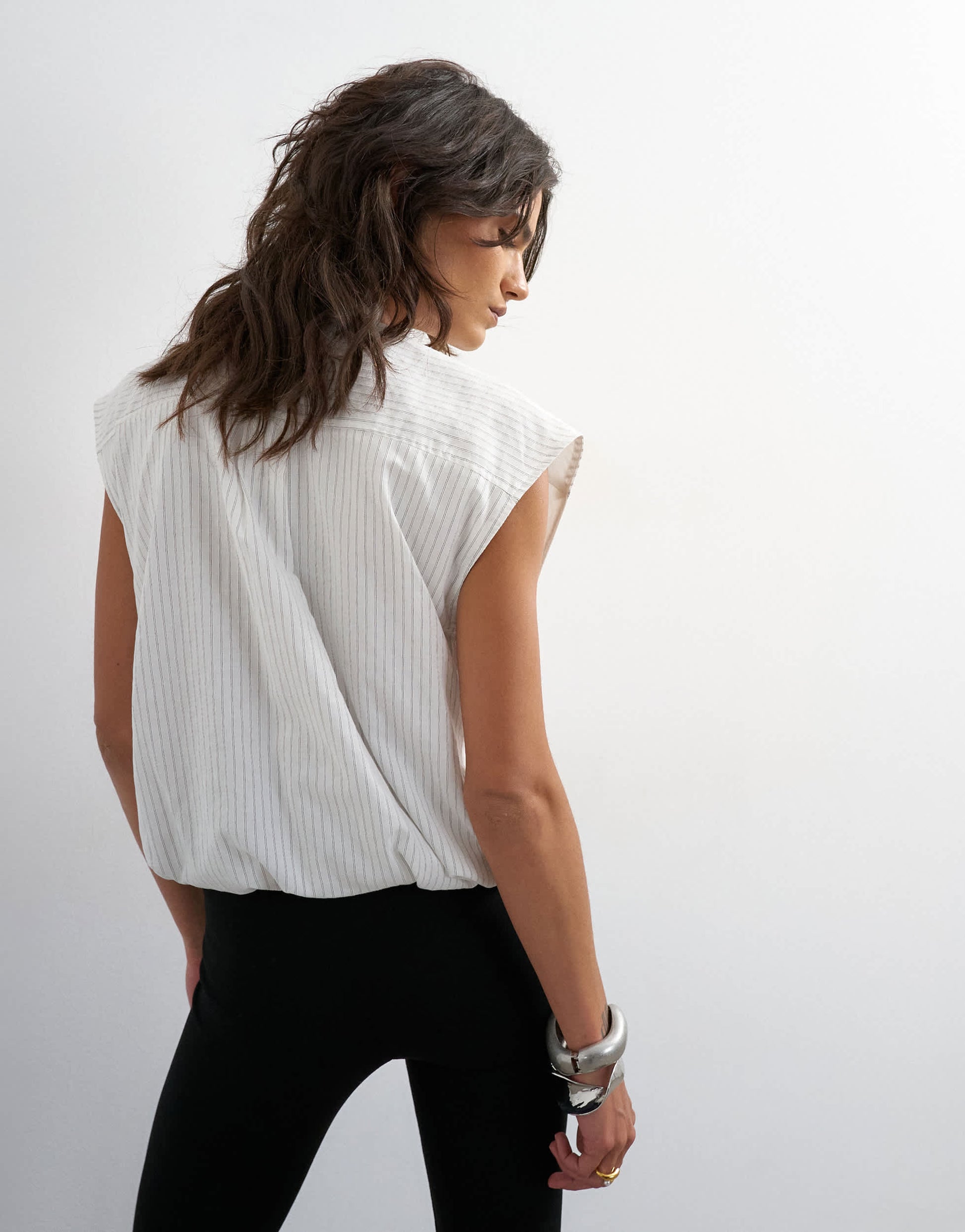 Topshop soft zip through structured shoulder top in white stripe