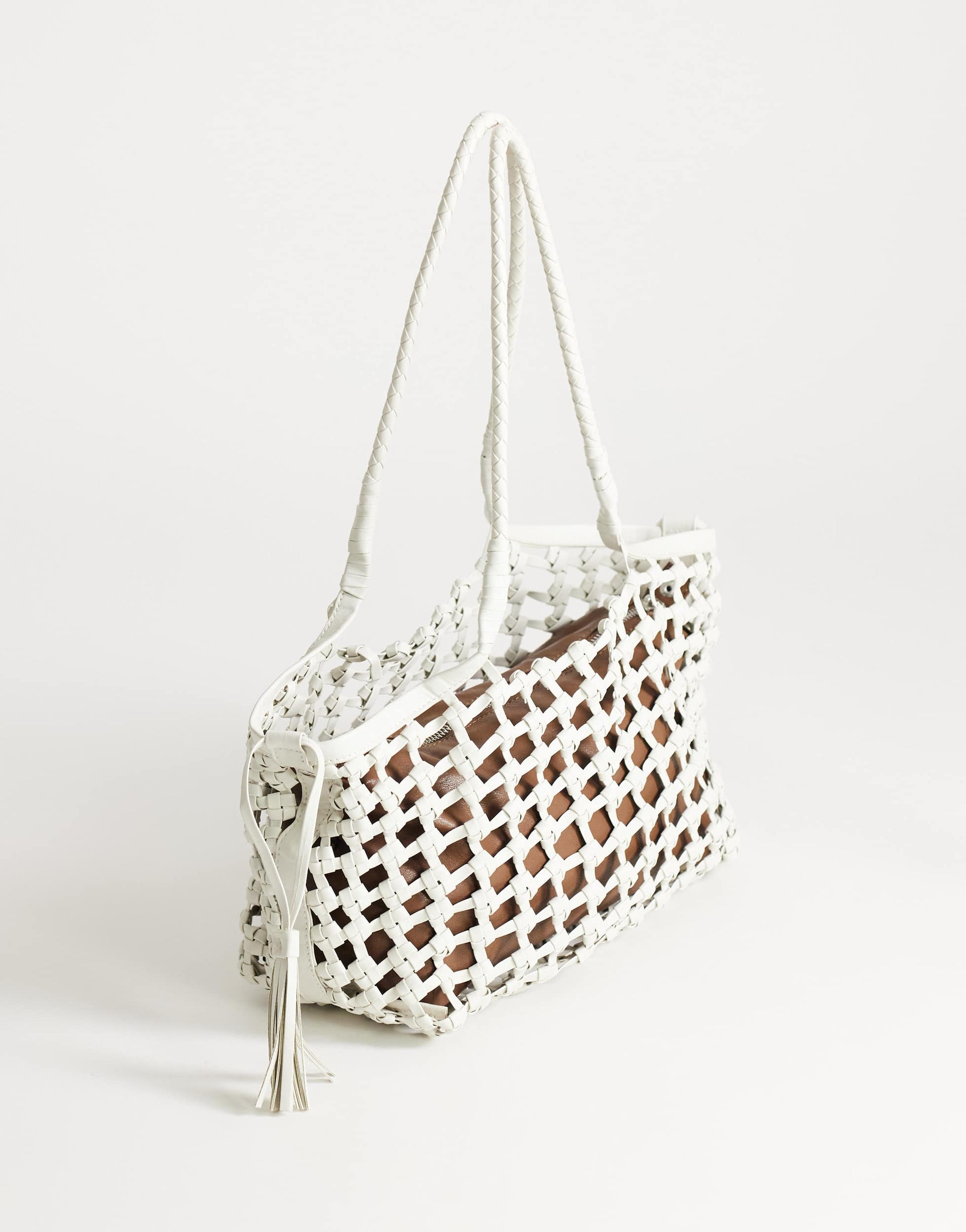 Topshop Shia medium woven shoulder bag in off white